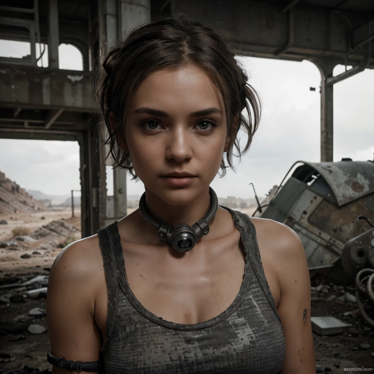 photorealistic, Masterpiece photo in shades of gray, woman with disheveled hair and tiny post-apocalyptic clothes, cute sexy, (Detailed wasteland background), ultra sharp focus, Detailed face, (((posing))), random hair color, short hair, Beautiful eyes, whole body, high quality black and white image