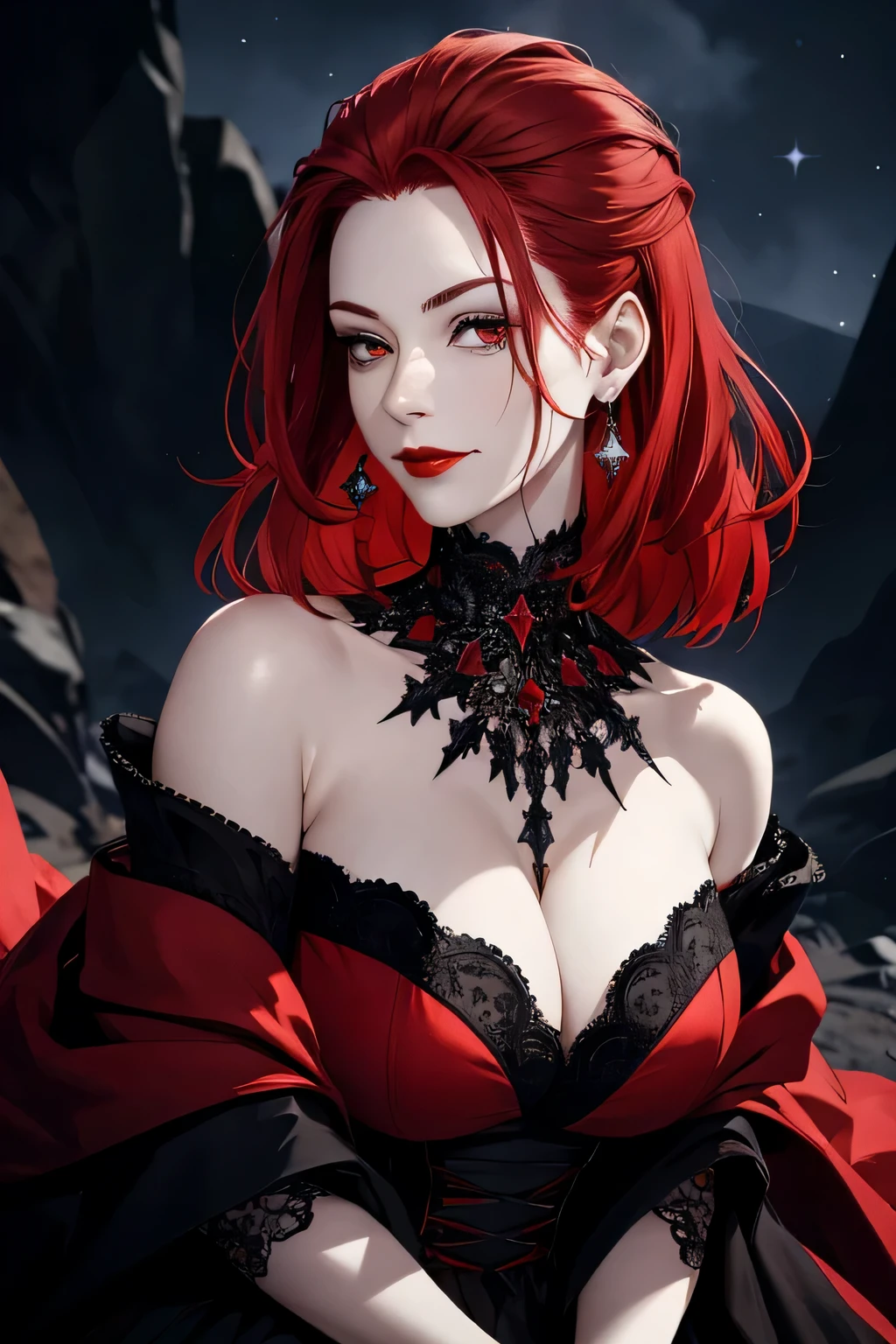 portrait shot, ((vivid red hair)), mature woman, 30 years old, diamond face, moonlight, red starry sky background, depth of field, magic, big red lips, ((dark black eyes)) black and red long and full dress, covered chest, mystical atmosphere, ominous shadows, Intense blue aura, Intense red aura (best quality:1.2), absurdres, intricate details, (highly detailed skin:1.2), smile expression, posing, taut and well defined body, attractive. Highly realistic, pale skin, beautiful, hyperrealism, skin very elaborated, direct gaze
