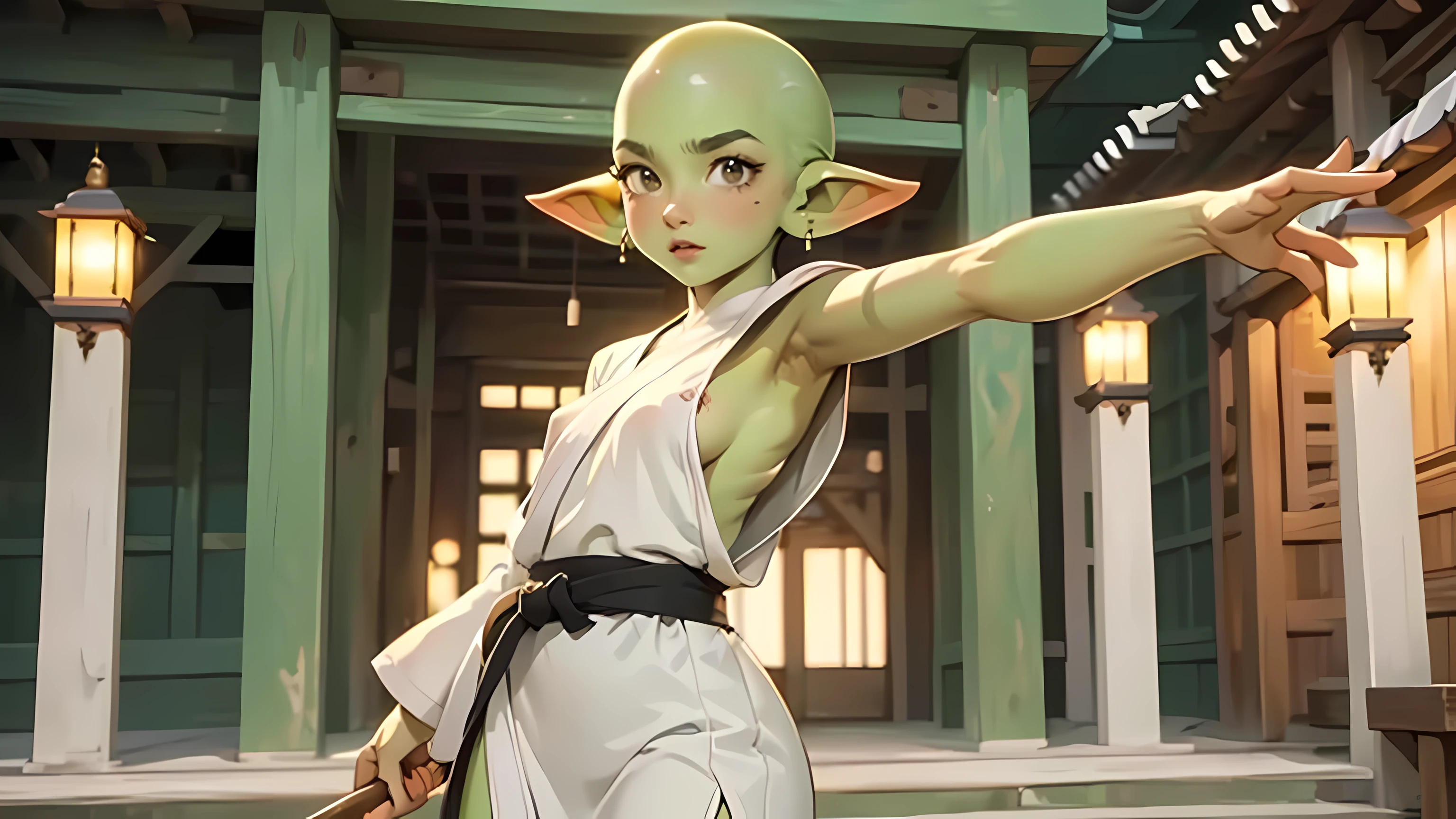 1 girl, solo girl, ((best quality)), ((masterpiece)), (detailed), action pose, monk goblin girl wearing white robes with green skin pointy ears and bald head, in temple courtyard, small breasts, karate pose, dynamic pose, determined, dangerous, looking off camera, calm expression, stern, high kicking the air