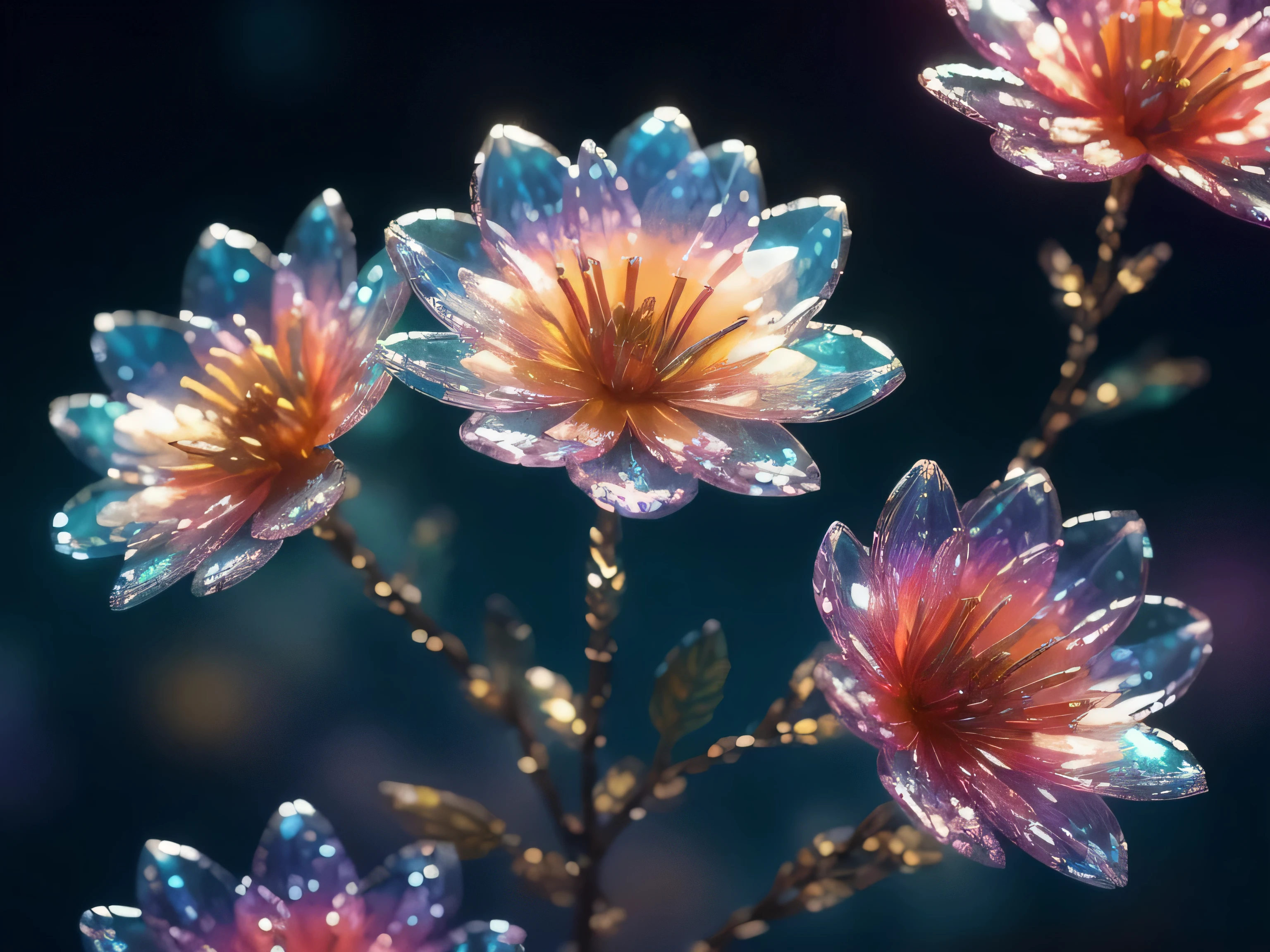 crystal spring flowers,
fantasy, galaxy, transparent, 
sparkling, Glittering, brilliant, rich and colorful, 
amazing photography, dramatic lighting, photorealism, Super detailed, 4K, depth of field, high resolution