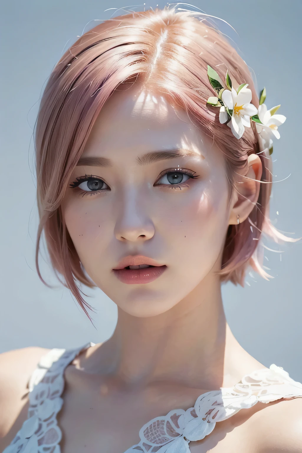high quality,masterpiece,extremely detailed,high res,4k,ultra high res,detailed shadow,ultra realistic,realistic,dramatic lighting,1girl,solo,detailed face,realistic eyes,realistic skin,pink hair,dynamic pose, dynamic angle, white flowery dress, short hair cut,white background