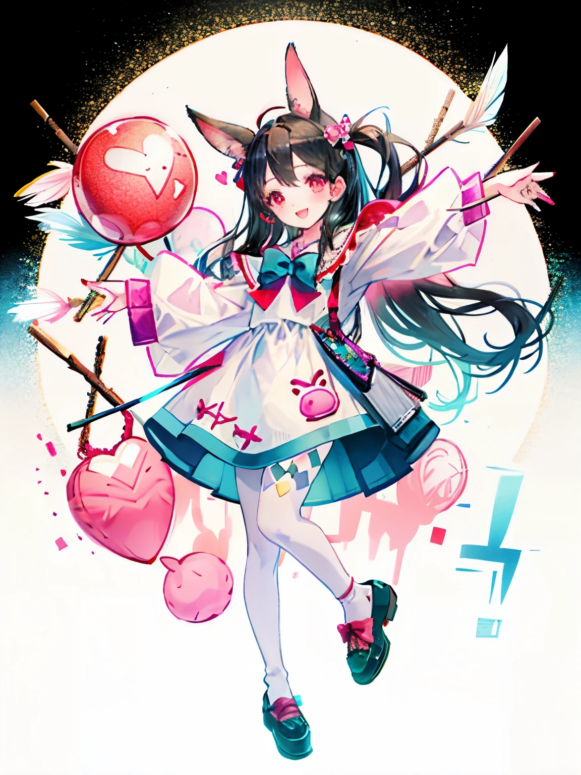 Chibi、1 girl, Rabbitの耳, black hair, long hair, Rabbit, open your mouth, smile, Rabbit ears, stick alone, white background, dress, pantyhose, wall, red eyes, looking at the viewer, :d, full body, simple background, nail polish, striped, holding, raise your arms, Hair stick, long sleeve, plump sleeves, aqua footwear, shoes, 青いshoes, jumping, animal, blush, argyle, heart (symbol), has a cane, とてもlong hair, ribbon,blue dress