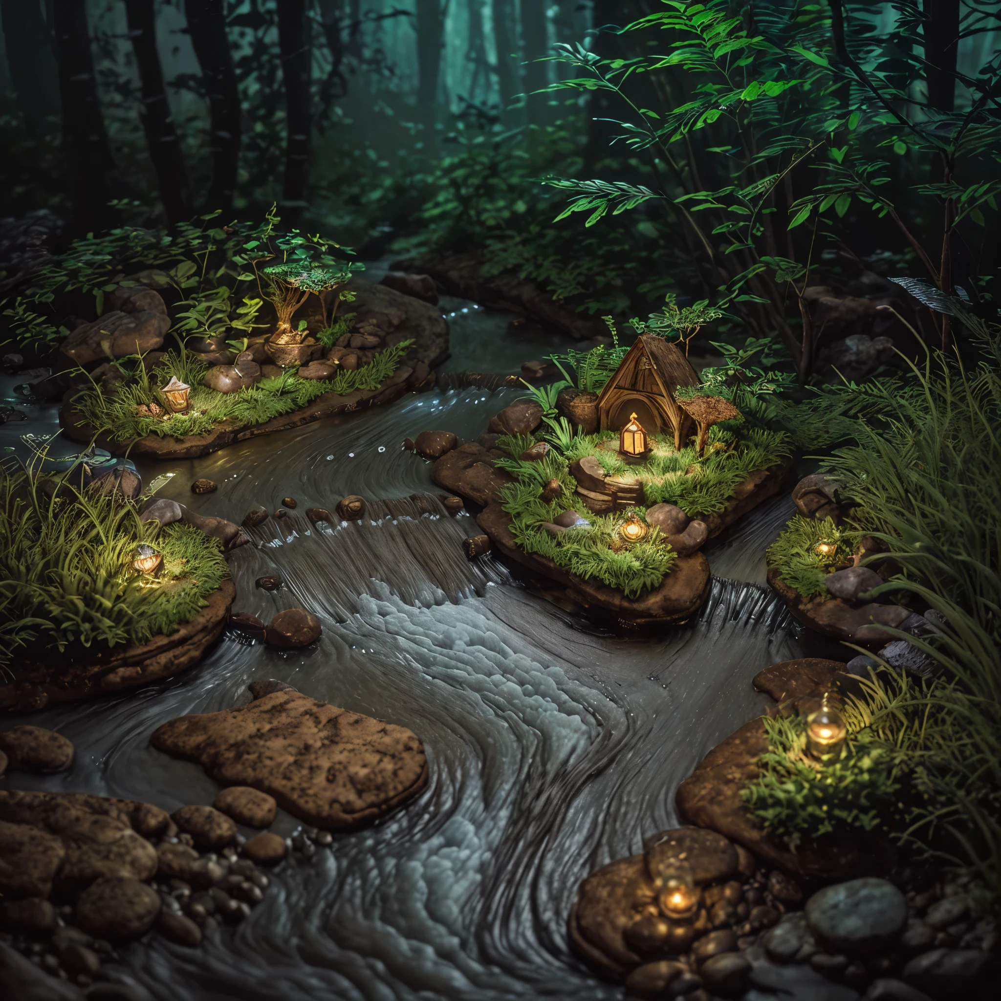 (An intricate (miniature river descending from a miniature mountain) trapped in a jar), (a micro-river and a micro-mountain), atmospheric oliva lighting, on the table, 4k UHD, dark vibes, hyper detailed, vibrant colours forest background, epic composition, octane render, sharp focus, high resolution isometric, (film grain:1.3), The light is sparkling, high quality photography, 3 point lighting, flash with softbox, 4k, Canon EOS R3, HDR, smooth, sharp focus, high resolution, award winning photo, 80mm, f2.8, bokeh