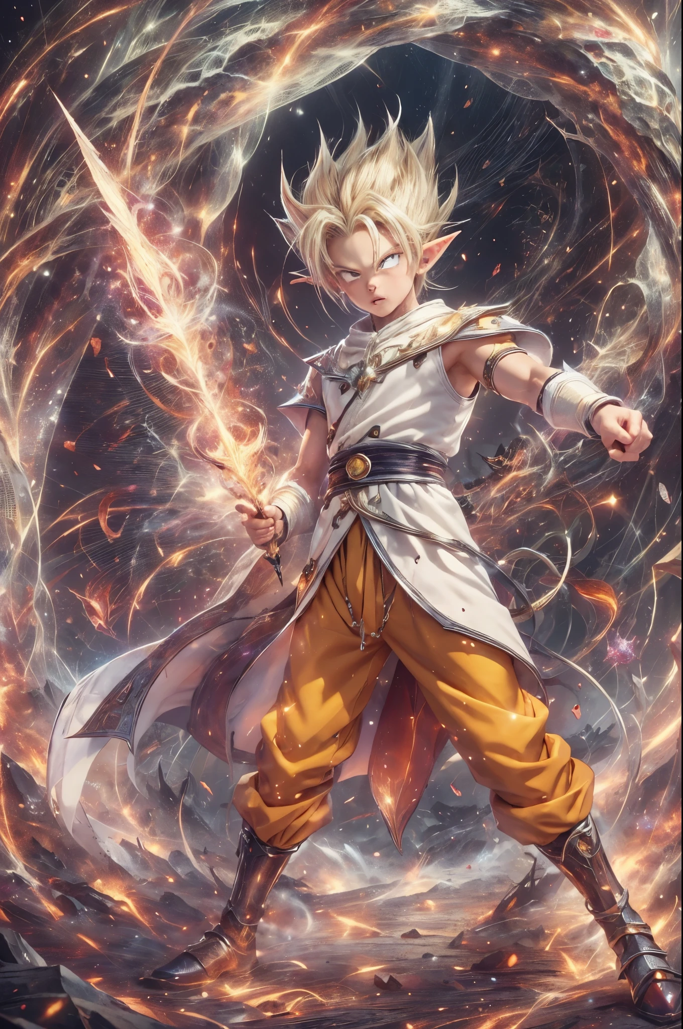 (masterpiece), 8k, best quality, panoramic view, full body, elf boy, naïve, male, teenager, 14 years old, white skin, slim body, pointed elf ears, beautiful finely detailed silver eyes, high forehead, spiky yellow blond hair like Gohan from the anime dragon ball (super sayajin), incredibly handsome, conservative elven clothing, directing his arm forward, magical incantation, attacking. warrior, courageous, strong, hero, valor, fearless, action-packed, adventure