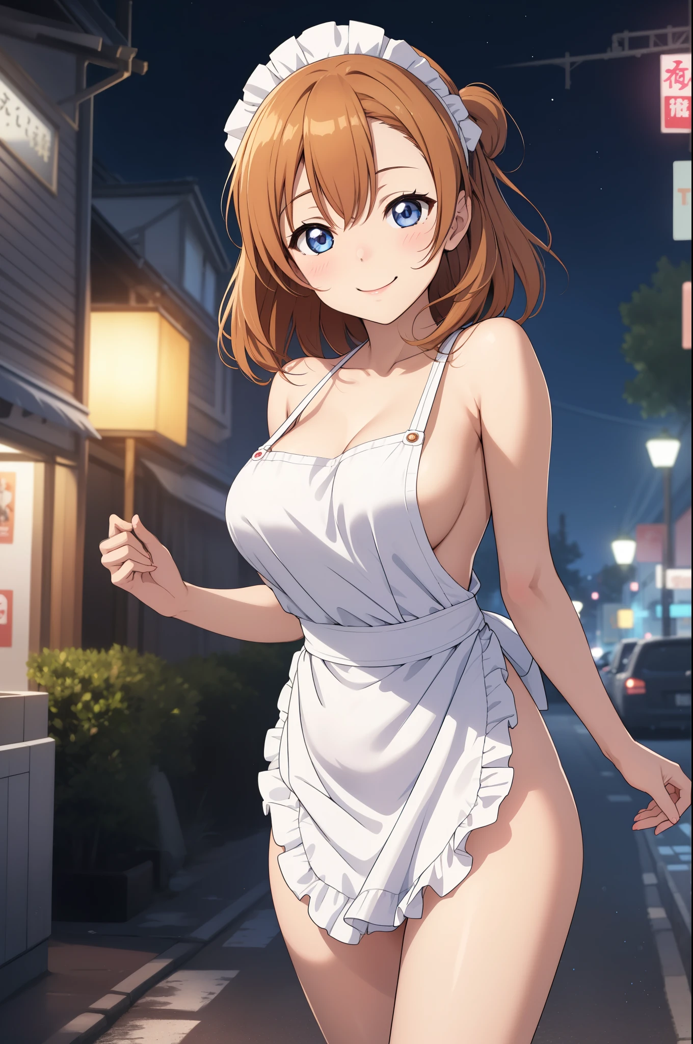 Kousaka honoka、(chibi:1.1),A smile、standing,in street, night,inder the moonlight、Wearing only an apron、breasts, (bottomless:1.2), ass,looking at viewer,naked, bent over 