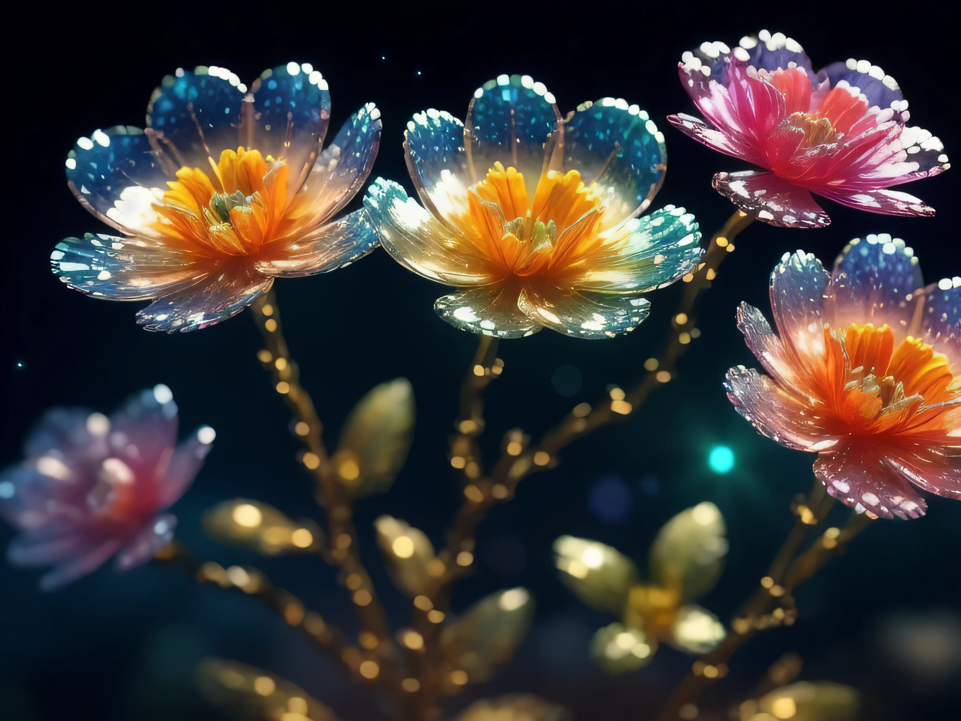 crystal spring flowers,
fantasy, galaxy, transparent, 
sparkling, Glittering, brilliant, rich and colorful, 
amazing photography, dramatic lighting, photorealism, Super detailed, 4K, depth of field, high resolution