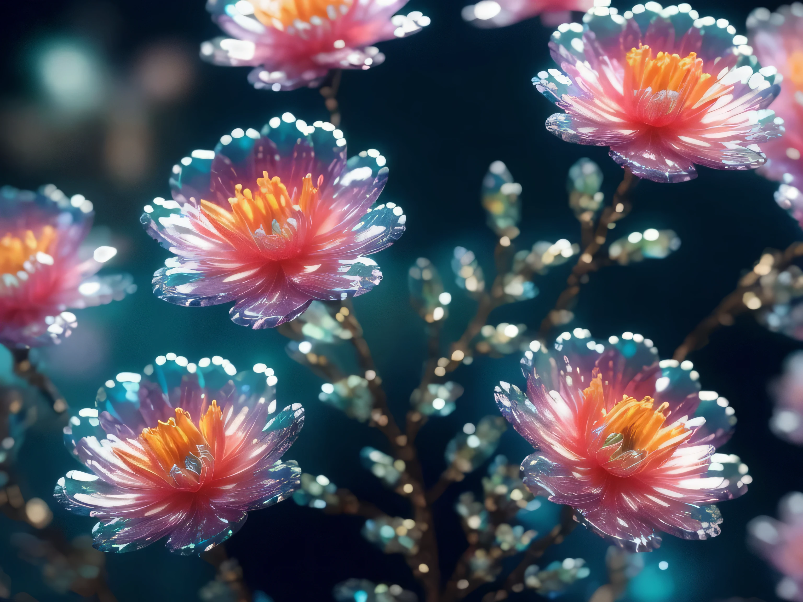 crystal spring flowers,
fantasy, galaxy, transparent,
sparkling, Glittering, brilliant, rich and colorful,
amazing photography, dramatic lighting, photorealism, Super detailed, 4K, depth of field, high resolution