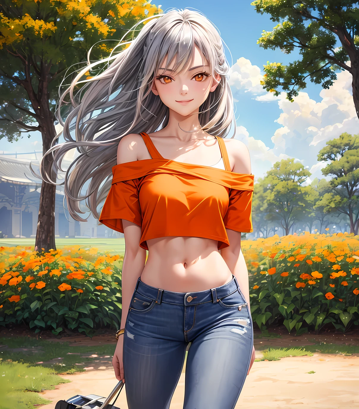 masterpiece, best quality, 1 girl, gray hair, (orange eyes:1.3), (off shoulder t shirt, plain t shirt), midriff, jeans, smirk, small smile, stylish, outdoors, sunny, (park), (cowboy shot), high detail, grass, trees, realistic