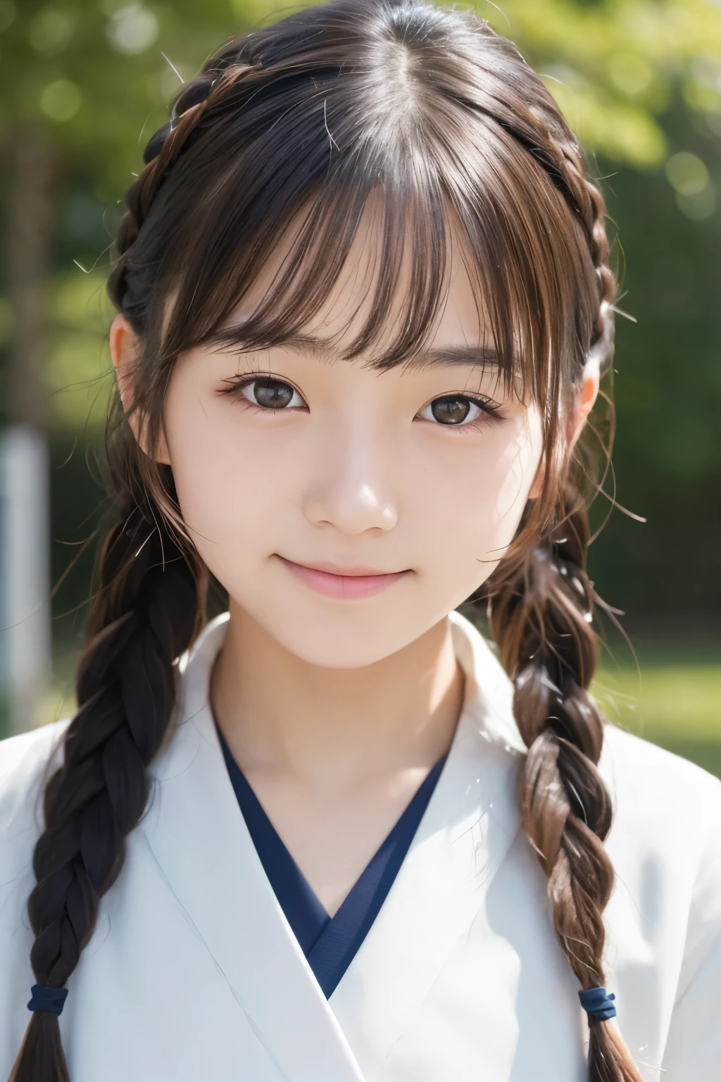 Beautiful 18 year old Japanese female), cute face, (deeply carved face:0.7), (freckles:0.6), soft light,healthy white skin, shy, (serious face), (sparkling eyes), thin, smile, uniform, Braid
