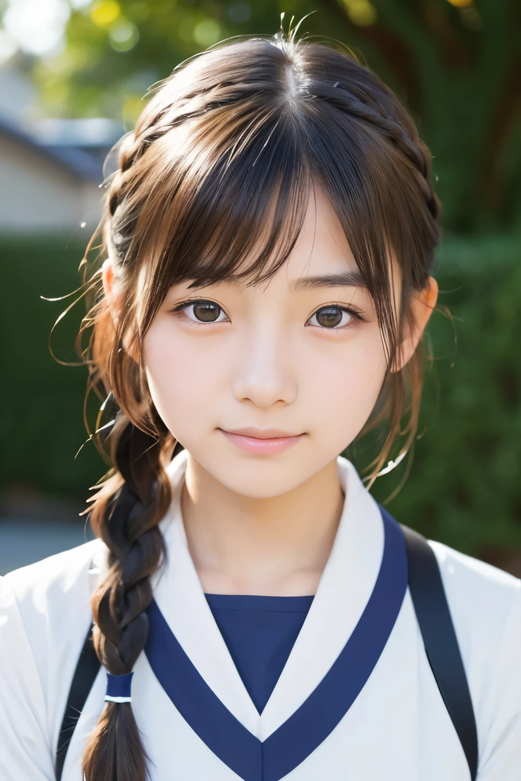 Beautiful 18 year old Japanese female), cute face, (deeply carved face:0.7), (freckles:0.6), soft light,healthy white skin, shy, (serious face), (sparkling eyes), thin, smile, uniform, Braid