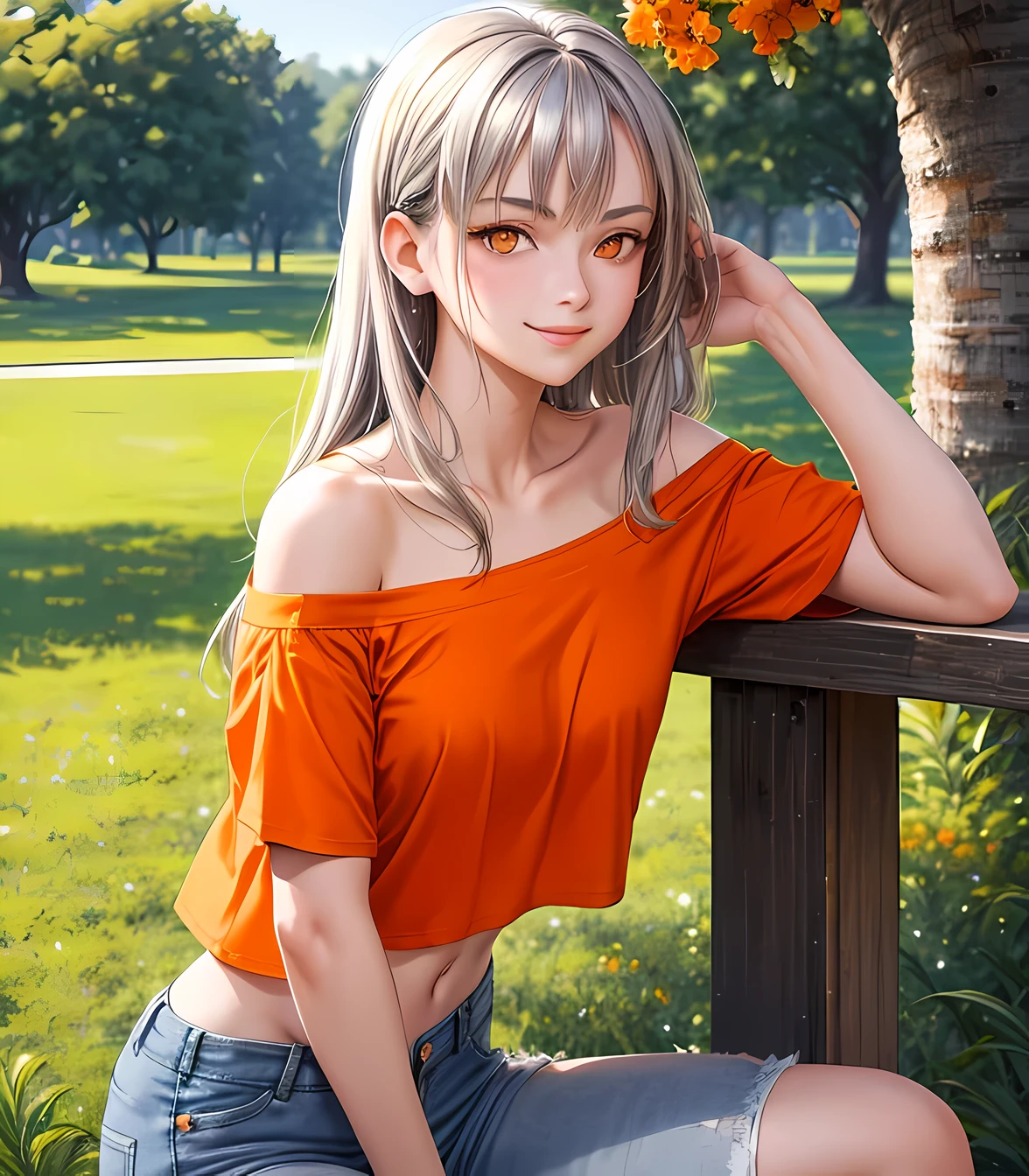 masterpiece, best quality, 1 girl, gray hair, (orange eyes:1.3), (off shoulder t shirt, plain orange t shirt), midriff, jeans, smirk, small smile, stylish, outdoors, sunny, (outdoor park), high detail, trees, realistic, from side, sitting