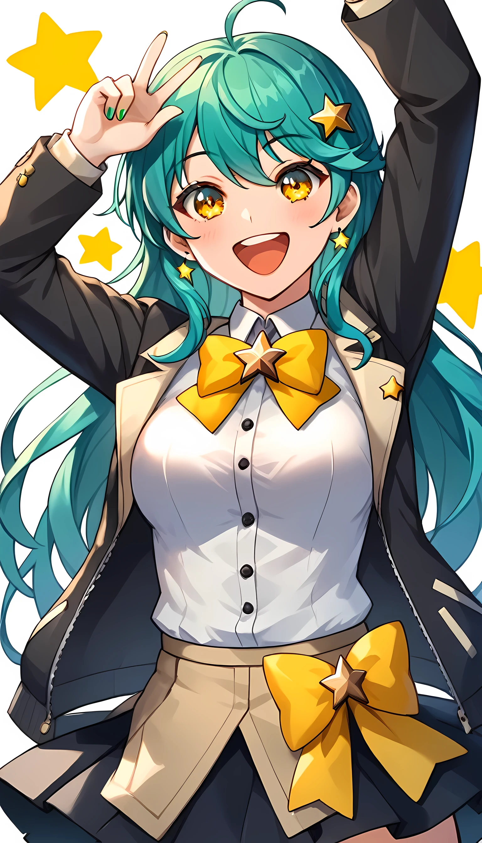 Happy girl with dark turquoise hair, yellow star pin with little face in her hair, attending an anime stand