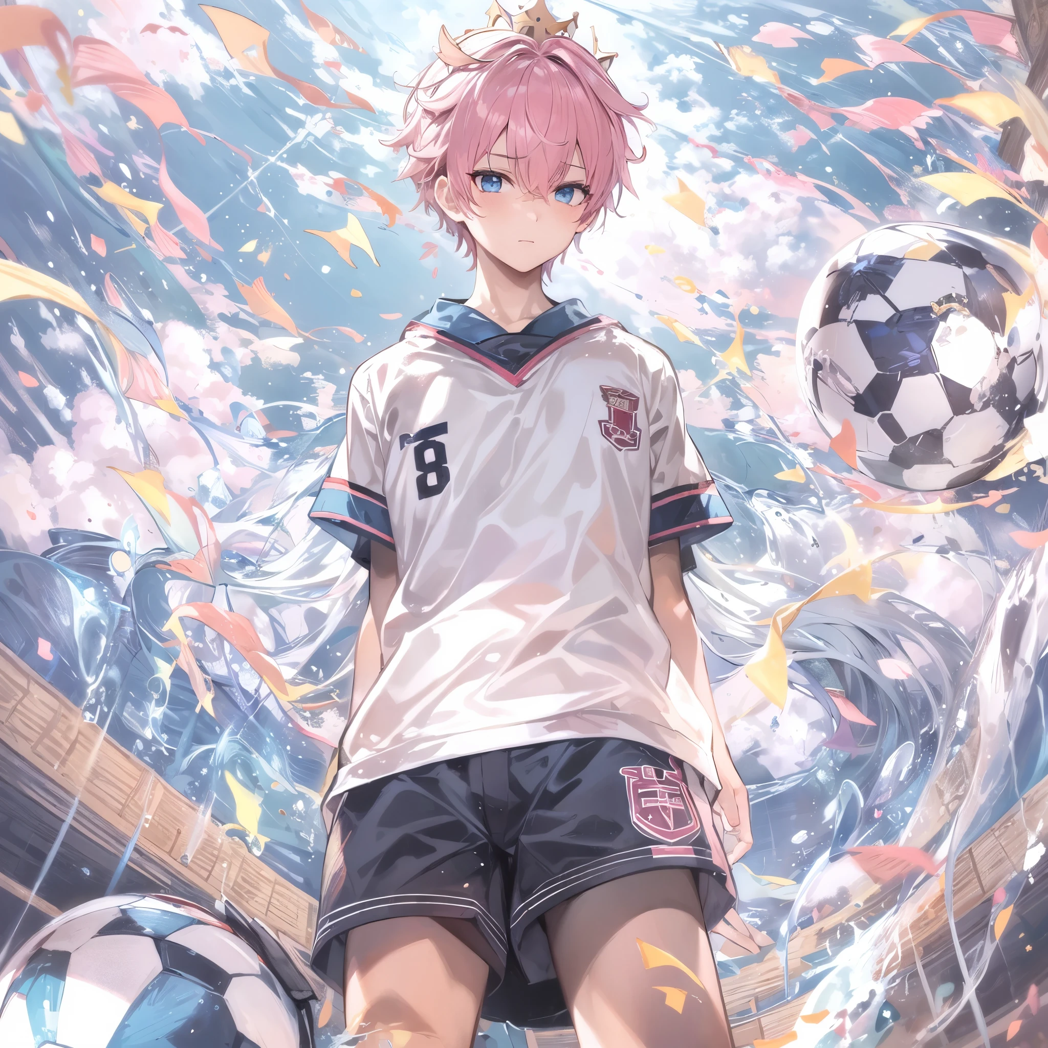 (1boy, masculino),(atacante),uniforme de futebol, aquamarine eyes, Campo de futebol, astolfo fate short hair, crown over the head