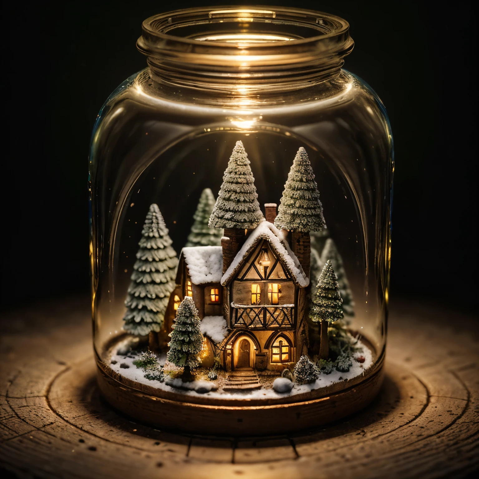 (An intricate mini-village trapped in a jar), atmospheric oliva lighting, on the table, 4k UHD, dark vibes, hyper detailed, vibrant colours forest background, epic composition, octane render, sharp focus, high resolution isometric, (film grain:1.3), The light is sparkling, high quality photography, 3 point lighting, flash with softbox, 4k, Canon EOS R3, HDR, smooth, sharp focus, high resolution, award winning photo, 80mm, f2.8, bokeh