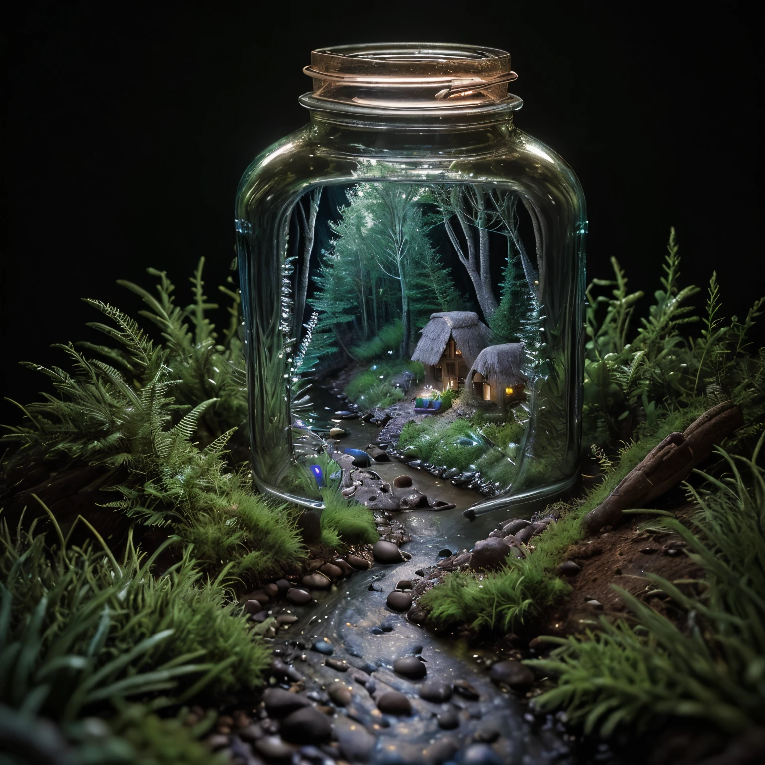 (An intricate (miniature river descending from a miniature mountain) trapped in a jar), atmospheric oliva lighting, on the table, 4k UHD, dark vibes, hyper detailed, vibrant colours forest background, epic composition, octane render, sharp focus, high resolution isometric, (film grain:1.3), The light is sparkling, high quality photography, 3 point lighting, flash with softbox, 4k, Canon EOS R3, HDR, smooth, sharp focus, high resolution, award winning photo, 80mm, f2.8, bokeh