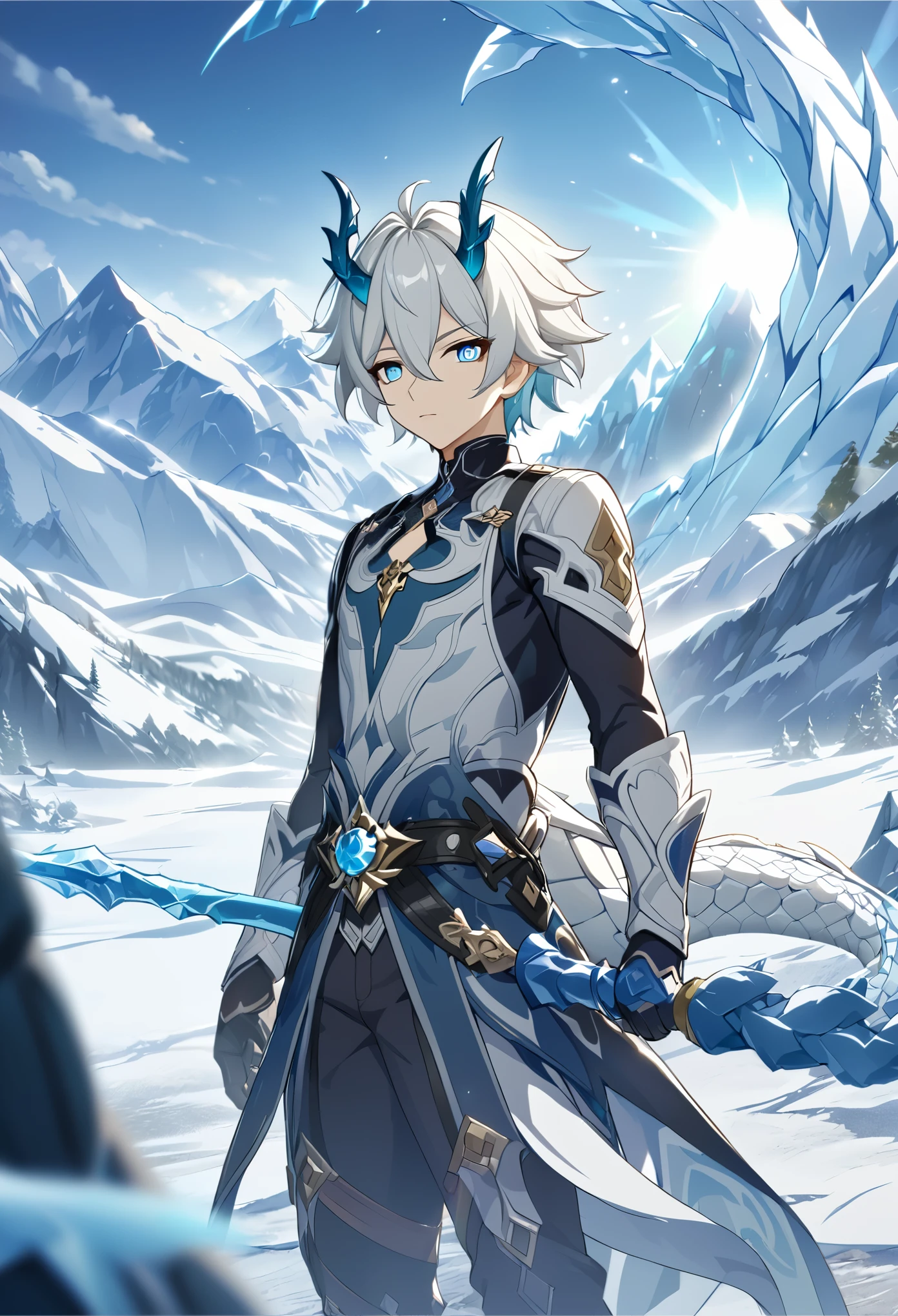 ((solo)), (man), light blue eyes, white hair hair, short hair, blue colored inner hair, messy hair, blue dragon horns, slitted pupils, thick white dragon tail, dragon boy, a close up of a person with a scepter in a desolate land surrounded by ice mountains, a frozen field, detailed key anime art, honkai star trail character, casimir art, masamune shiro, masamune, handsome guy in demon slayer art, genshin, heise jinyao, shadowverse style, (no logos), ice powers, mountain scenery, detailed a cademic uniform, eye reflection, depth of field, cinematic lighting, ray tracing, depth of field, cinematic lighting, ray tracing, UHD, high details, best quality, highres, high quality, award winning, super detail, masterpiece, 8k, UHD, high details, best quality, highres, high quality, award winning, super detail, masterpiece, 8k