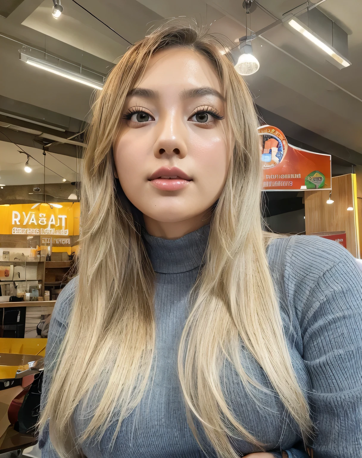 RAW, Best quality, high resolution, masterpiece: 1.3), beautiful asian woman, perfect fit body, big breasts, beautiful eyes, ((tucked hair)), brown hair, Soft smile, thick thighs, Beautiful limbs, she is about 20 years old, pale skin Indonesian girl, beautiful woman, soft lighting, soft shadow, vibrant color, (dynamic lighting), ((glossy skin)), colorful lighting