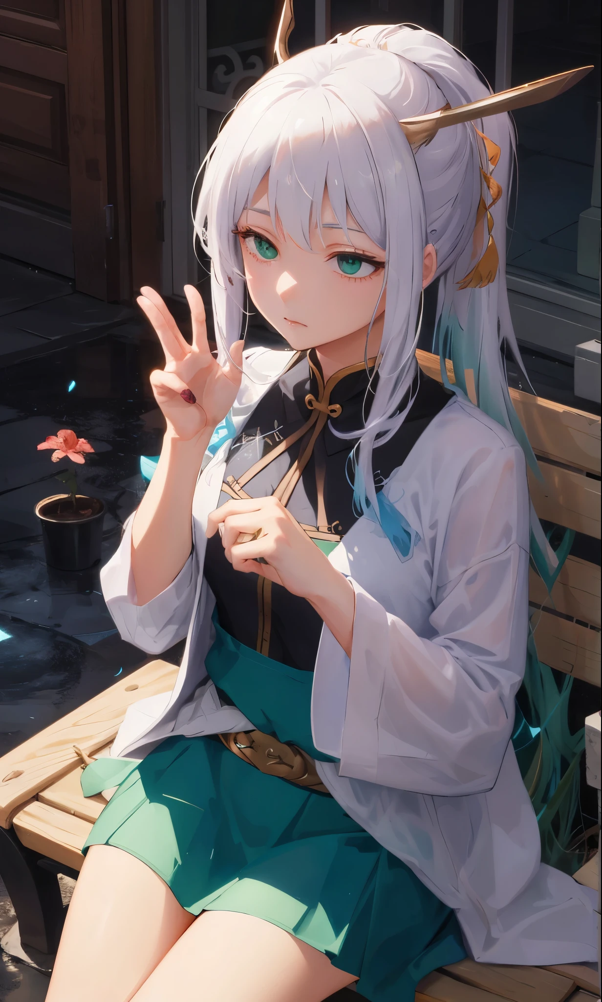 Close-up of a woman in a skirt sitting on a bench, Woman with long hair,Double ponytail hairstyle,Mature face,wearing a flower on head,Put one hand on the stool,one hand raised,There are flowers on the waist,Chinese hairpin hair,green eyes,Excellent ,There is jewelry on the clothes,a distant face,cold eyes,cold expression,half closed eyes,beautiful figure,high detail浮世绘,Surreal and dreamy,high detail,Gu Rui'Art style,Each of the five functions has its own characteristics,3d reality,Anime Art Wallpaper 4k