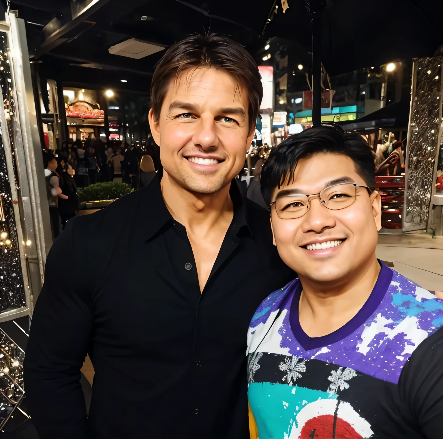(Best quality, 8k, 32k, Masterpiece, UHD:1.2) "Generate an image featuring a chubby Filipino man with short black hair and eyeglasses, standing next to a celebrity ladies of Tom Cruise ((Tom Cruise)). Both individuals are posing together and smiling as if taking a selfie.
Ensure that the chubby Filipino man's appearance is depicted accurately, with attention to his facial features and physique. Emphasize his friendly and jovial demeanor through his expression and body language.
The celebrity should be recognizable and exude a sense of warmth and approachability. Depict them in stylish attire suitable for a casual gathering or event.
Create a backdrop that complements the setting, such as a trendy urban environment or a bustling public space. Incorporate elements that enhance the scene's jovial atmosphere, such as colorful decorations or festive lighting.
Capture the interaction between the two individuals authentically, conveying a sense of camaraderie and shared enjoyment."