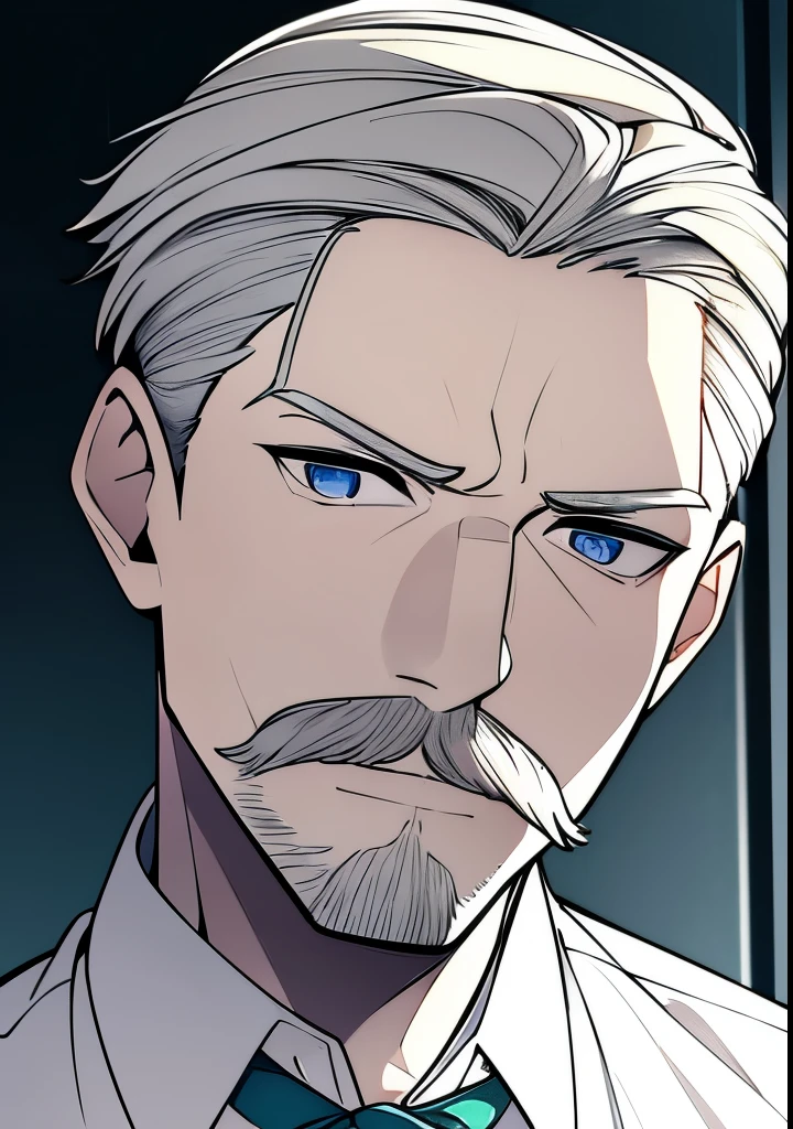 Young Adult male, white and tender skin, pale blonde slicked back combed short hair, kaiser mustache, ducktail beard, steel blue eyes, green and slightly mature, serious and emotionless facial expression, wearing white bottom long sleeve shirt with collar, portrait style, facing forwards