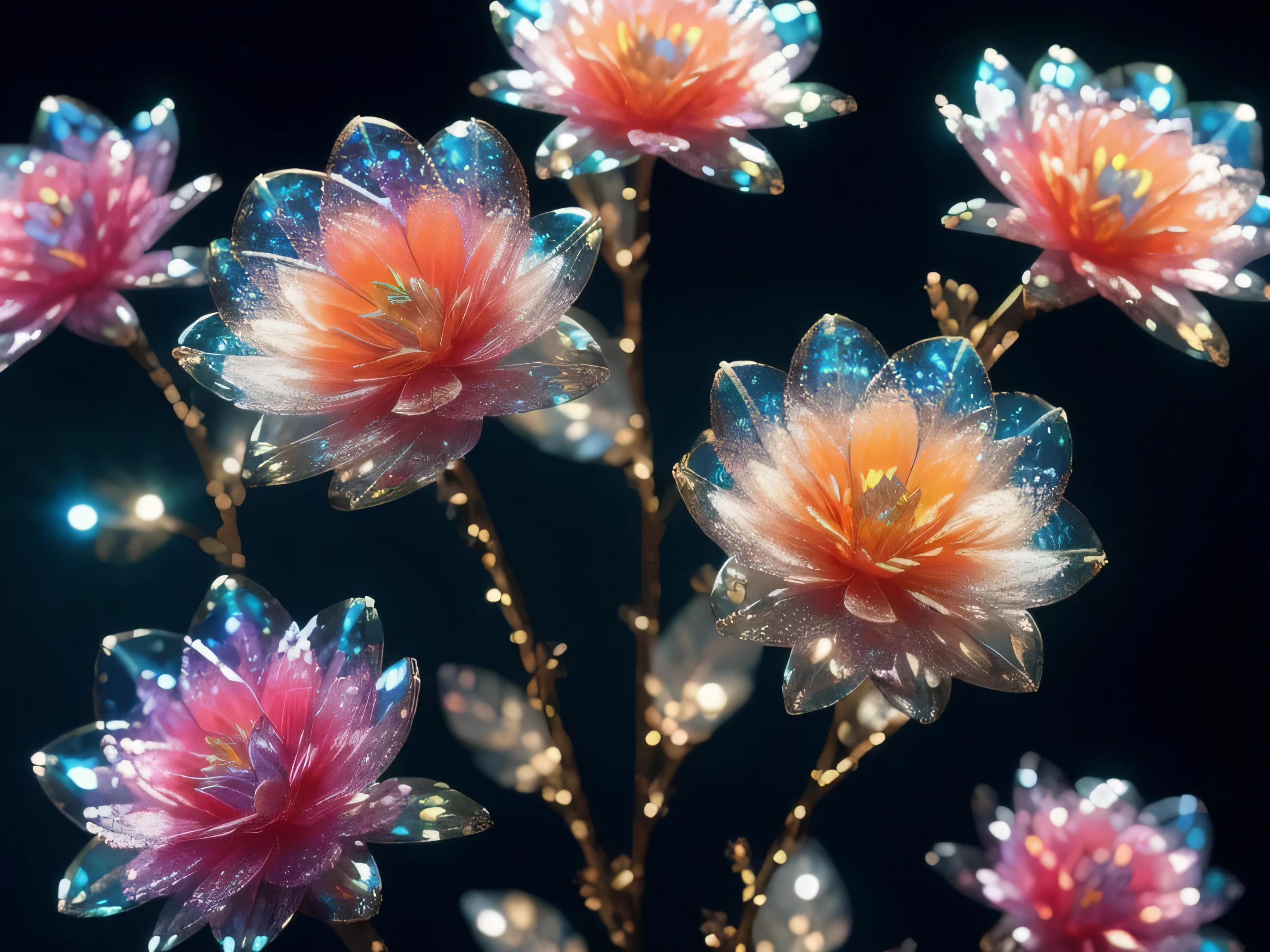 crystal flower,
fantasy, galaxy, transparent,
sparkling, Glittering, brilliant, rich and colorful,
amazing photography, dramatic lighting, photorealism, Super detailed, 4K, depth of field, high resolution