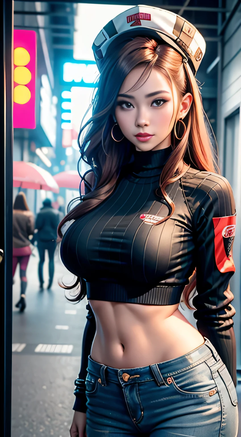 sfw, 1girl, close up, beautiful, smirk, wearing a hat, earrings, red camo sweatshirt, red_legwear, long hair, brown hair, mascara, nose lips, standing, midriff, naval, earrings, (realistic:1.5), cyberpunk, neon city, neon lights, 3d, cgi, volumetric lightning, wearing bra,((skinny waist)), young asian girl, ((big breasted)),