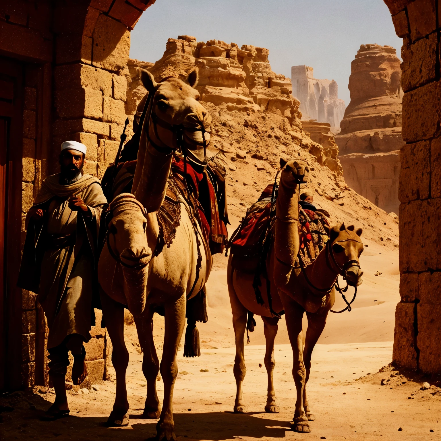 concept art, medieval period , portrait, full body view up to legs,single solo standing while holding a camel, Abdullah a muslim poor messanger from rashidun caliphate with the plain, coarse clothes of the bedouin. His head though was held high and his feet were firm, worn out clothes, patches in the clothes, holding camel on one hand