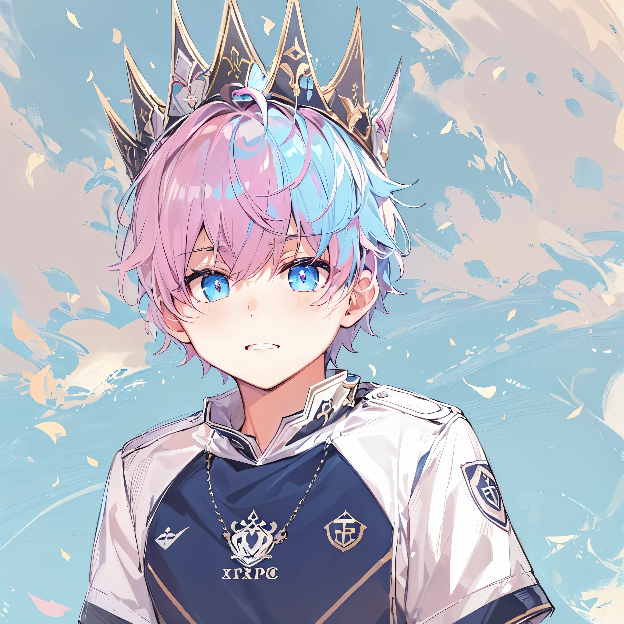 (1boy, masculino),(atacante),uniforme de futebol, aquamarine eyes, Campo de futebol, astolfo fate short hair, crown over the head