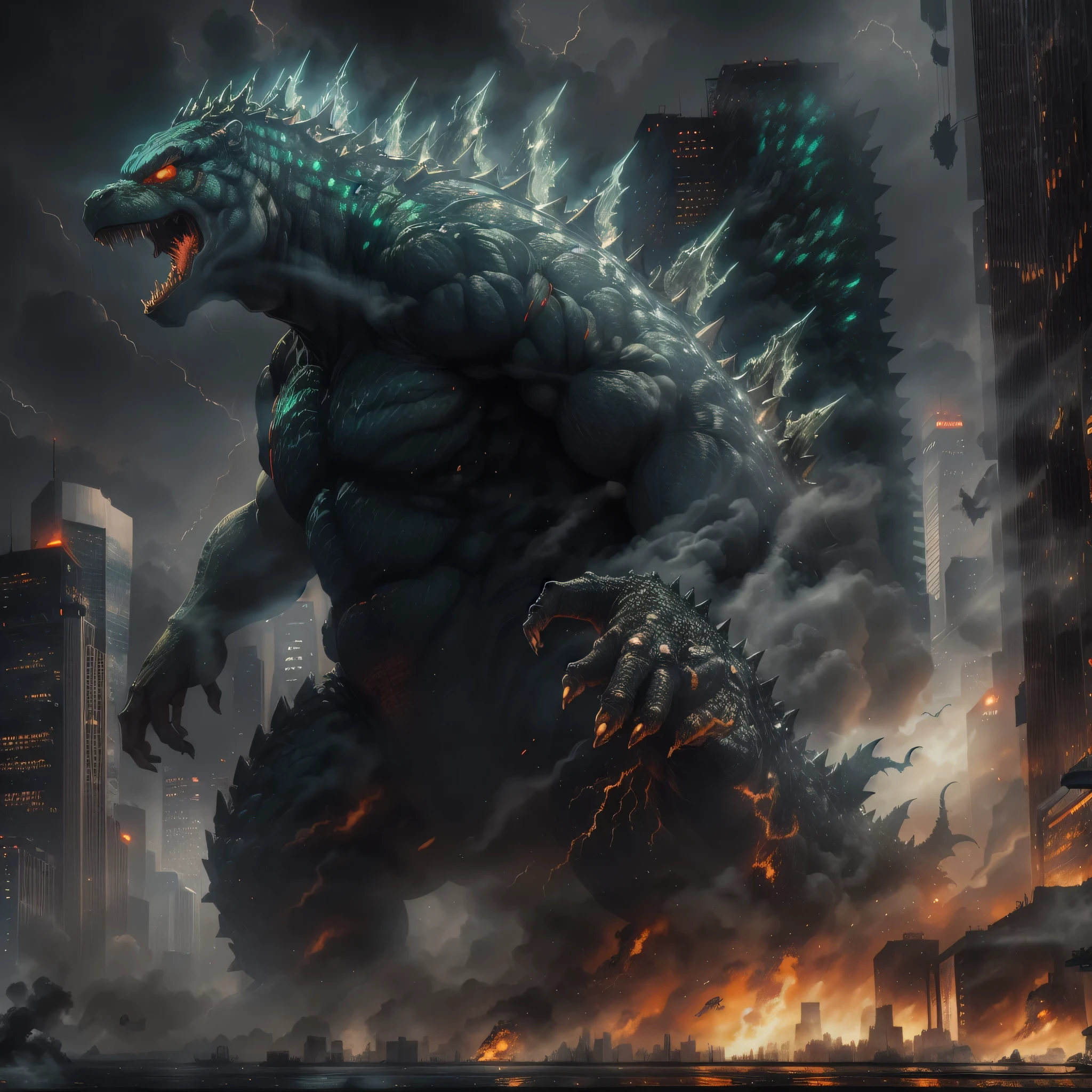Godzilla, Monster, Terrible, Rampaging, Destructive, Roaring, Fury, Cityscape, Smoke, Debris, Chaos, Thundering footsteps, Towering figure, Buildings crumbling, Streets engulfed, Sirens wailing, Panic and fear, Devastating blow, Crashing through, Unstoppable, Terror incarnate, Unyielding, Unrelenting, City under siege, Skyline shattered, Unforgettable, Earth-shattering, Unmatched power, Urban jungle, Mayhem, Cataclysm, Depiction of raw power, Tremendous, Devastating, Esc