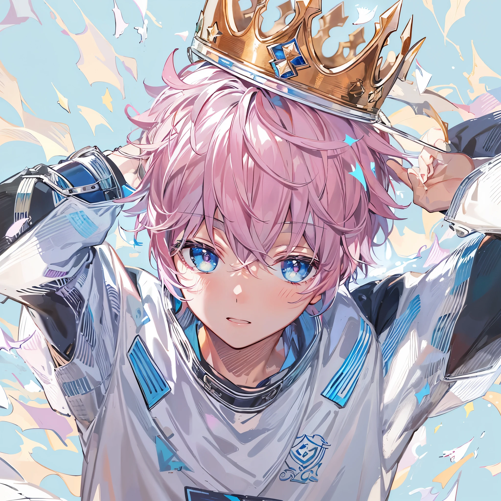 (1boy, masculino),(atacante),uniforme de futebol, aquamarine eyes, Campo de futebol, astolfo fate short hair, crown over the head