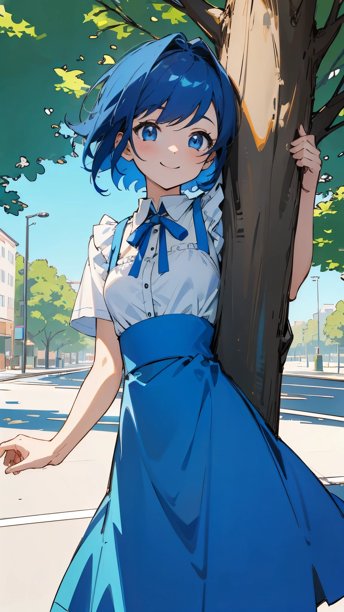1 girl、white blouse、blue skirt、Apron appearance、dark blue hair、Shining light blue eyes、smile、Early summer street tree background、sharp outline