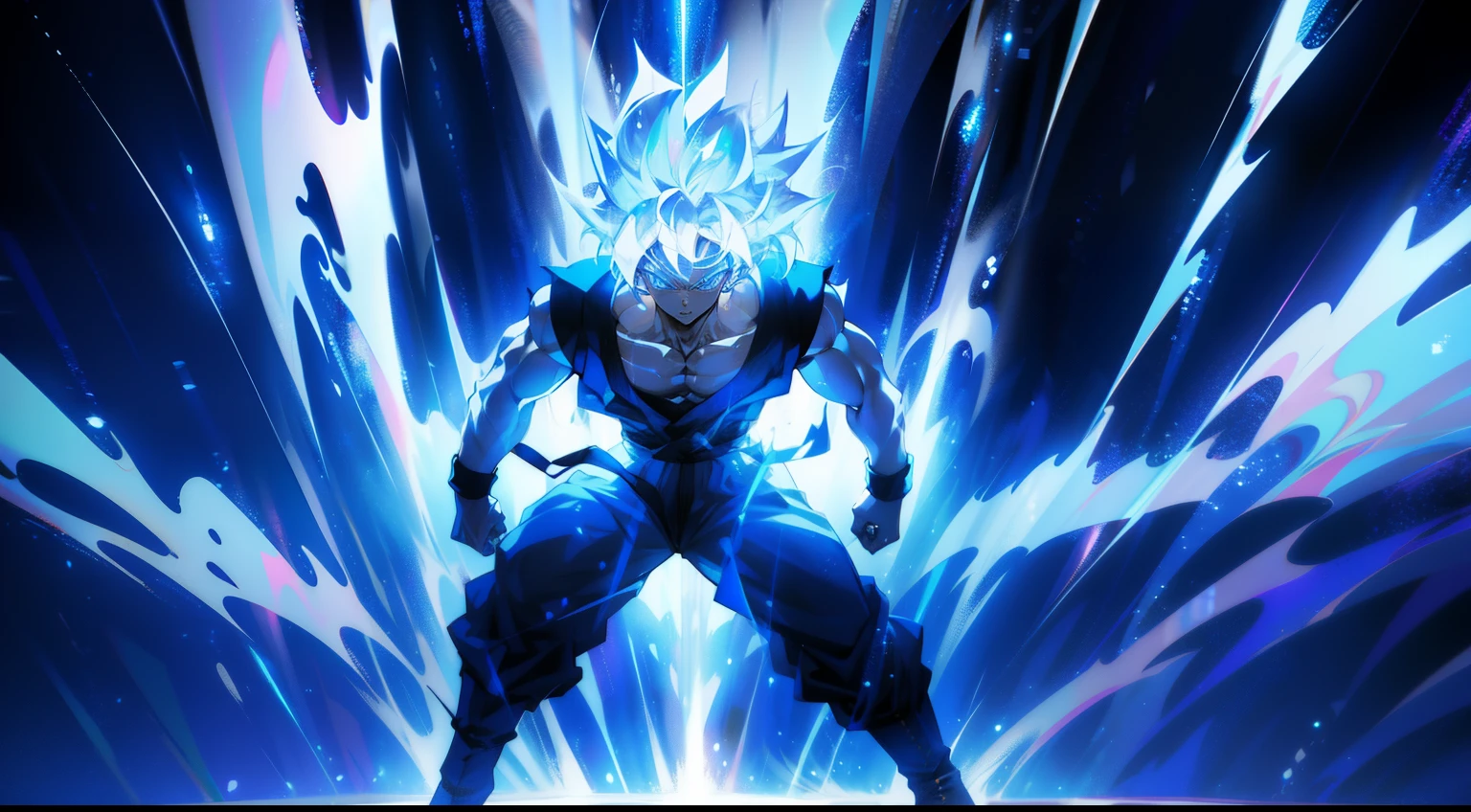 Son Goku transforming into Ultra Instinct surrounded by blue Aura and lightning full body shot, 4k, Silver Hair, Silver Pupils, high details, epic, cinematic