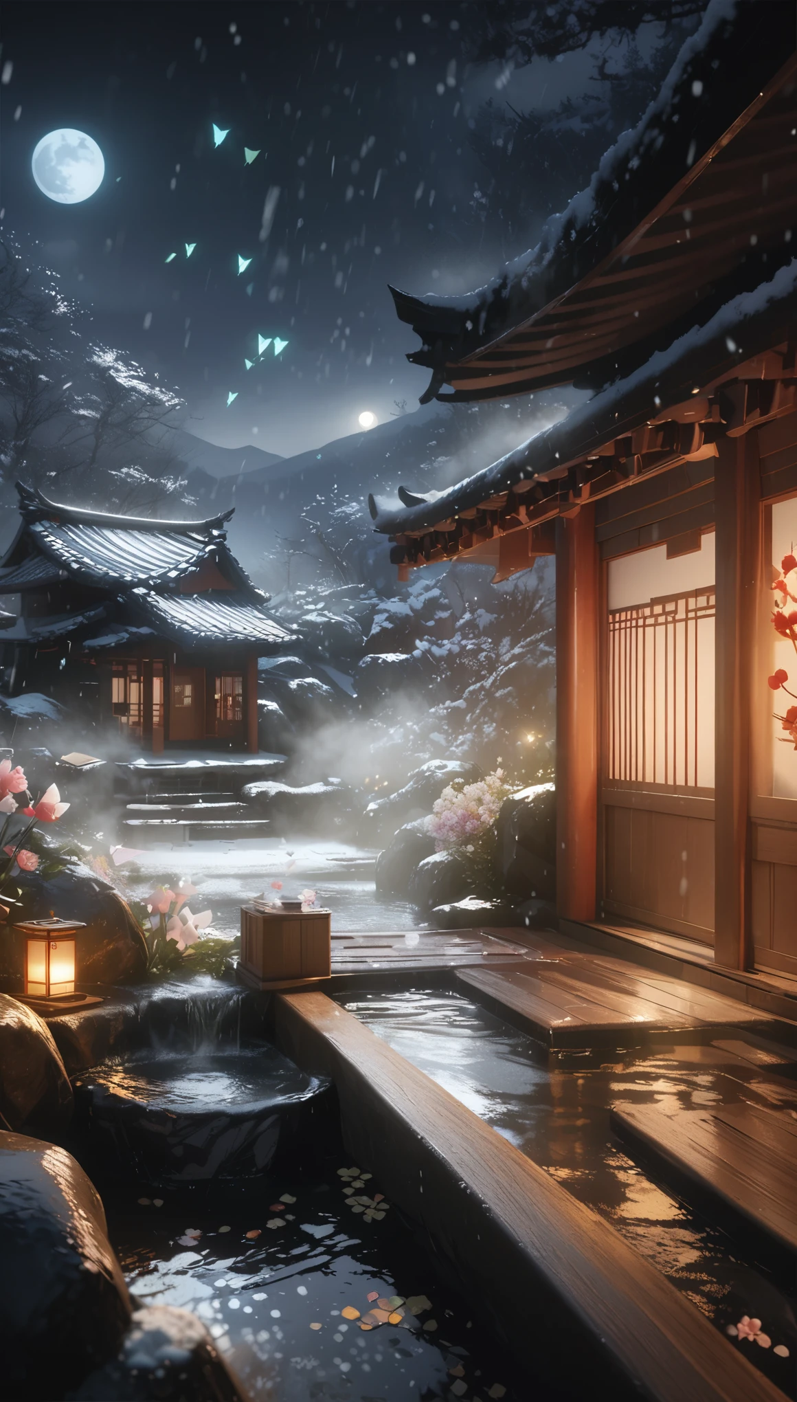 Chinese scenery, ((hot spring)), (blizzard), (firefly), (paper kite), (midnight), (moon), A shrine at the top of the mountain, ((flower)), Beautiful scenery, Realistic lighting, masterpiece, high quality, nice graphics, high detail,