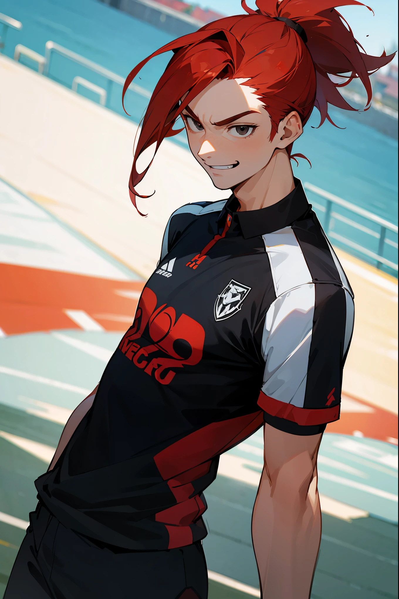 soccer jersey, multi color hair, two toned hair, young male, muscular, soccer field background, arms in pockets, red eyes, black and red jersey, red hair