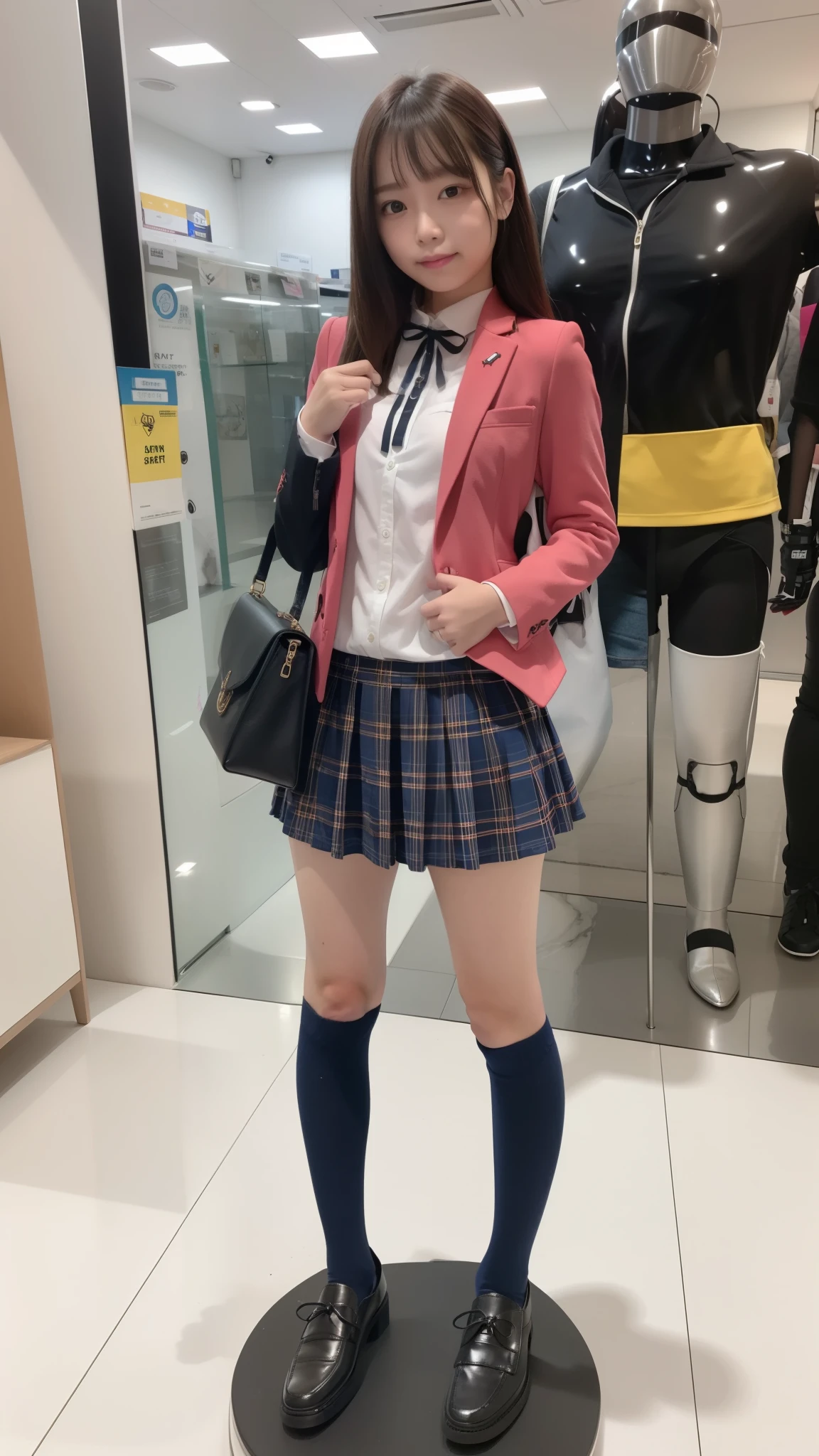 student clothes ,blazers ,Long sleeve shirt ,Ribbon Ties ,Dark blue mini skirt, Dark blue socks, Black loafers