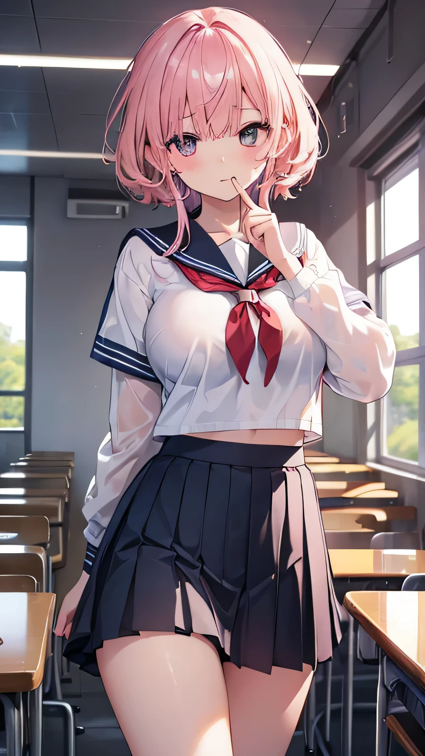 (best quality、8K、32k、masterpiece、ultra high resolution、Impressionism、Photo realism:1.2)、big breasts、Detailed face and eyes、 inside the classroom、School、Sunset、pretty face、blurred background、16 year old beautiful girl、shiny skin、Hair raised halfway up、beautiful pink hair、black eyes、(close one eye、Place your index finger to your mouth:1.2)、Sailor suit、pleated mini skirt、curve、(Lift up the skirt with your hands、I can see the pants:1.2)、thigh thigh thigh、(Navel exposed:0.4)、black、stripe