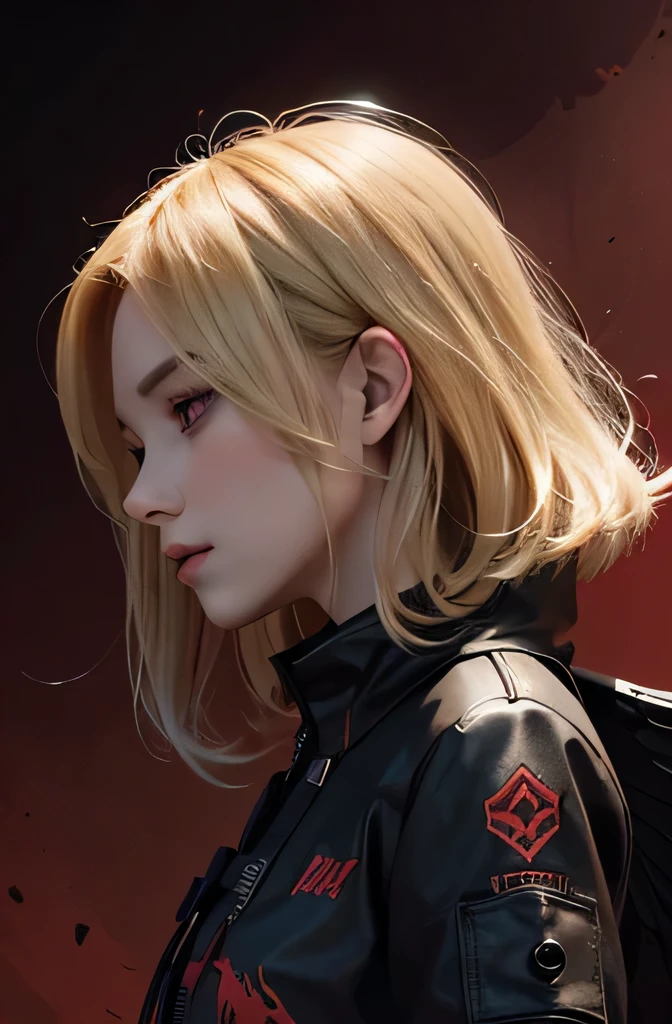Make a profile picture of a girl with blonde medium length hair, dark tech wear clothes, devilish look, red background, black painted wings
