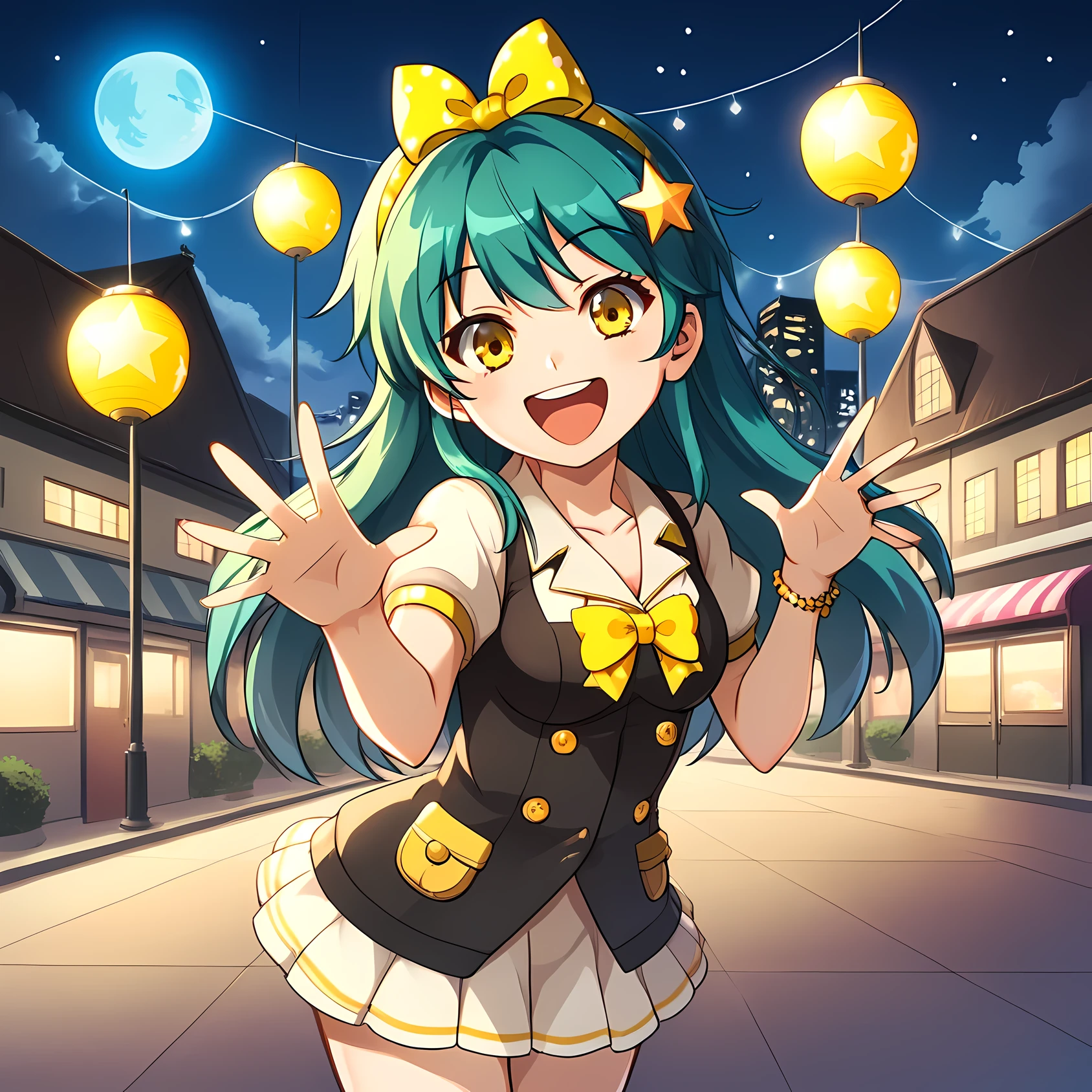 Girl with long dark turquoise hair, yellow eyes, happy star yellow pin in hair, ((background : tokyo at night))