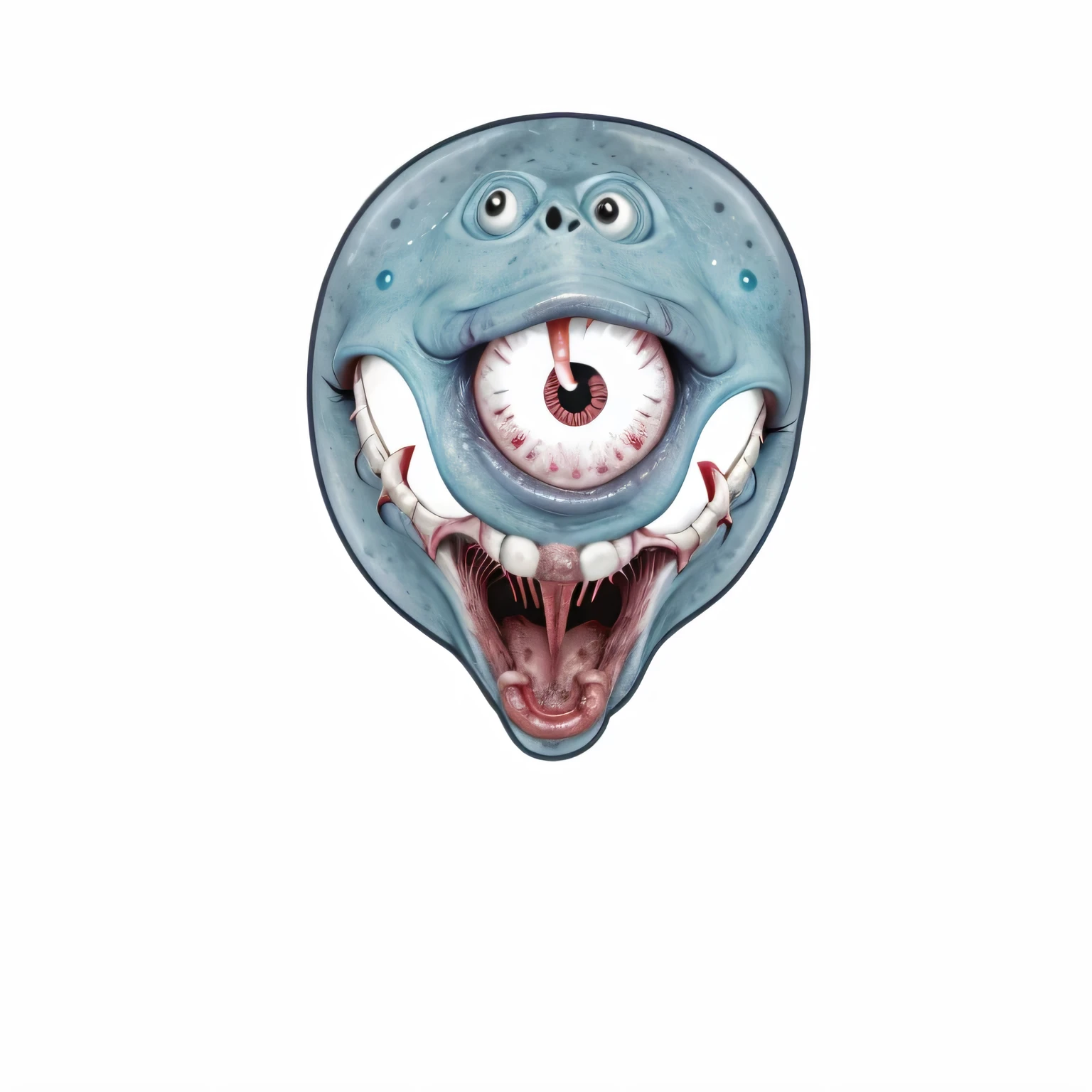 there is a cartoon alien with a long tongue sticking out of it's mouth, cosmic horror creature, laughing alien face, zombie with white eyes, portrait of a cute monster, cosmic horror illustration, scary creature, funny weird illustration, alien mouth, monster design, creepy monster, scary face, creepy evil smile, horrifying monster, evil smile and glowing eyes