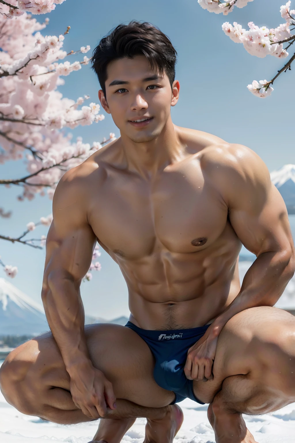 (one boy), (head shot), (squatting), (big male genitals under men's bikini), one handsome muscular young boy, (Mt. Fuji with a lot of snow and many cherry Blossoms blooming, blue sky in the background), mischievous smile, (details: 1 1), natural muscles, high quality, beautiful eyes, (detailed face and eyes), (faceless: 1 2), noise, real photography、... PSD, Sharp Focus, High Resolution 8k, Real & Professional Photography, 8K UHD, Soft Lighting, High Quality, Film Grain, FUJIFILM XT3