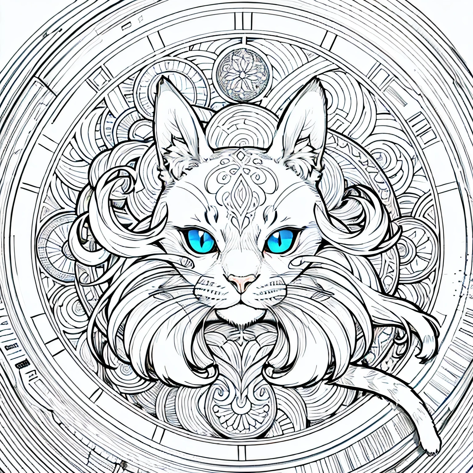 Only White background, black and white drawing of a cat in full growth, very detailed and hypnotic, mandala, detailed cat, Detailed rendering in 4K, design to gato, Black & White Vector Graphics, detailed line drawing, hyper-detailed line art, detailed digital drawing, on a complex detail, Coloring book page, with a lot of details, Lineart Behance HD