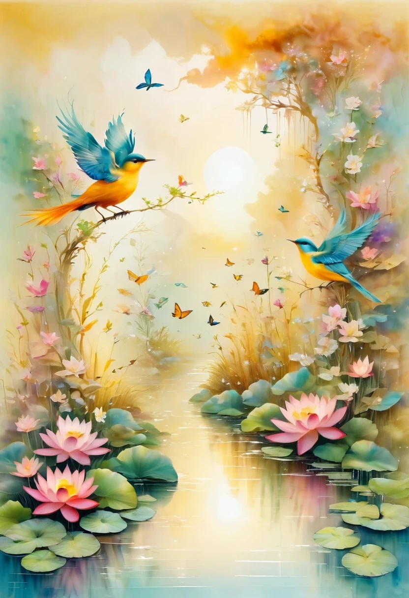golden bird'lair,pastel tones,light style,Comfortable and calm,nature,Warm and cosy,garden,Super detailed masterpiece, Dynamic, high quality,Floating Extra Large Ethereal Dream DonMW15pXL