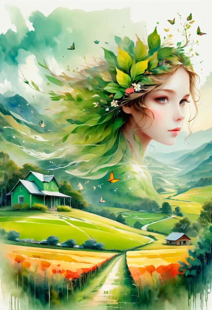(panoramic, center, masterpiece, best quality: 1.2), leaf hair girl, 1 girl, alone, Head decoration, Green house, swallow, trees and hills, Illustration of heterophony, Charming rural scenery, Background blends in with the hair , Tranquil atmosphere, composition, natural beauty, Illustrations symbolizing humans and the environment