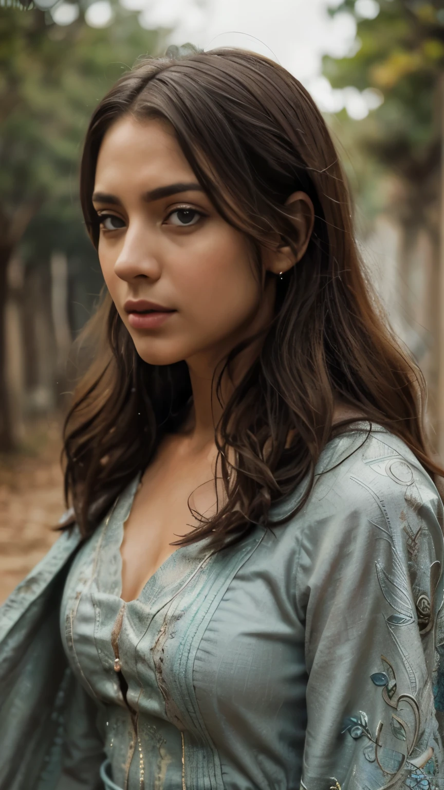 HDR 10, garota linda, olhos detalhados, Detailed lips, cabelo muito comprido, cabelo marrom, textura ultra detalhada, water drops, ao ar livre, A Guerra dos Tronos, vestido de frio em tons escuro, (vestido em tons escuro alto detalhado:1.5) a long cape on the back, renda, rotations, soft lighting, standing