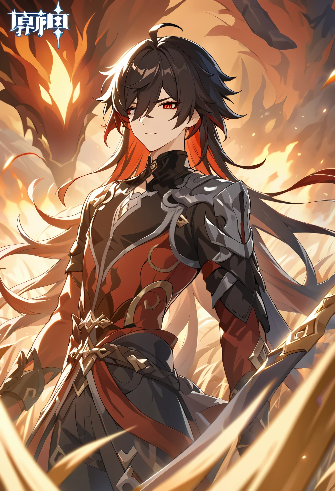 ((solo)), (man), tired face, dark red eyes, black and crimson hair, very long hair, messy hair, multicolored hair black and red, a close up of a person with a great sword in a desolate land surrounded by demons and monsters, in a burning wheat field, detailed key anime art, honkai star trail character, casimir art, masamune shiro, masamune, handsome guy in demon slayer art, genshin, heise jinyao, shadowverse style, (no logos), red hell, flame magic, red infernal scenery, detailed clothes, eye reflection, expressive hair, hair over one eye, shiny hair, ahoge, bangs, depth of field, cinematic lighting, ray tracing, depth of field, cinematic lighting, ray tracing, UHD, high details, best quality, highres, high quality, award winning, super detail, masterpiece, 8k, UHD, high details, best quality, highres, high quality, award winning, super detail, masterpiece, 8k