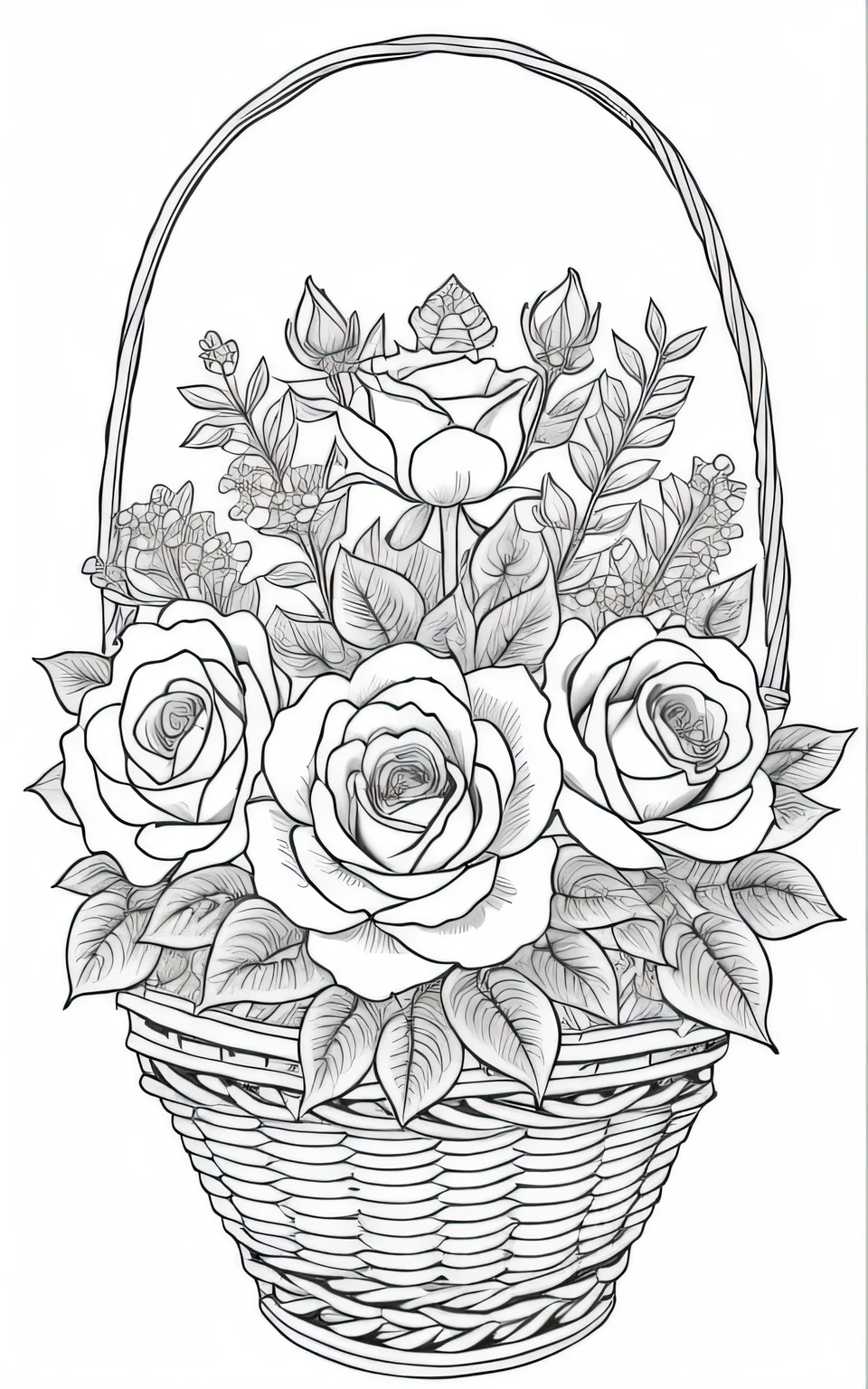 a black and white drawing of a basket with roses, flowers with intricate detail, black and white color only, coloring book style, highly detailed linework, intricate flower designs, perfect pen and ink line art, sketch black and white colors, intricate line drawings, pen and ink style, coloring book outline, coloring pages, intricate line drawing, black and white detailed sketch