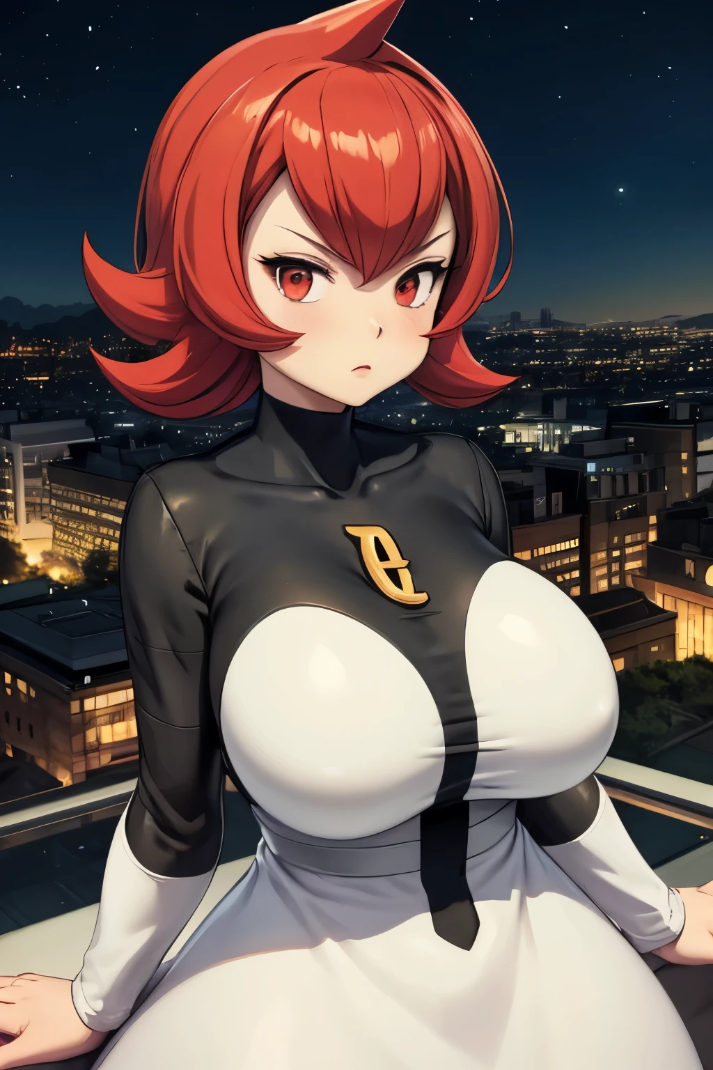 masterpiece, best quality, pkmnmars, black and white dress, long sleeves, upper body, looking at viewer, large breasts, furrowed brow, night sky, city skyline