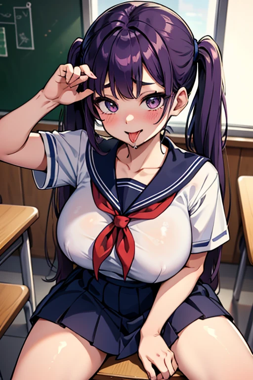 masterpiece、8K、beautiful girl,underwear pants、T-shirt、Clearly depict the contours of the face,Clearly delineate the outline of the eyes,Describe the whole body,purple hair、oily skin、twin tails、fine skin、barefoot、plump breasts、upward glance、blush、stick out tongue、real high school girl、Sex、sexy、plump butt、hostel、emphasize the buttocks、stand up