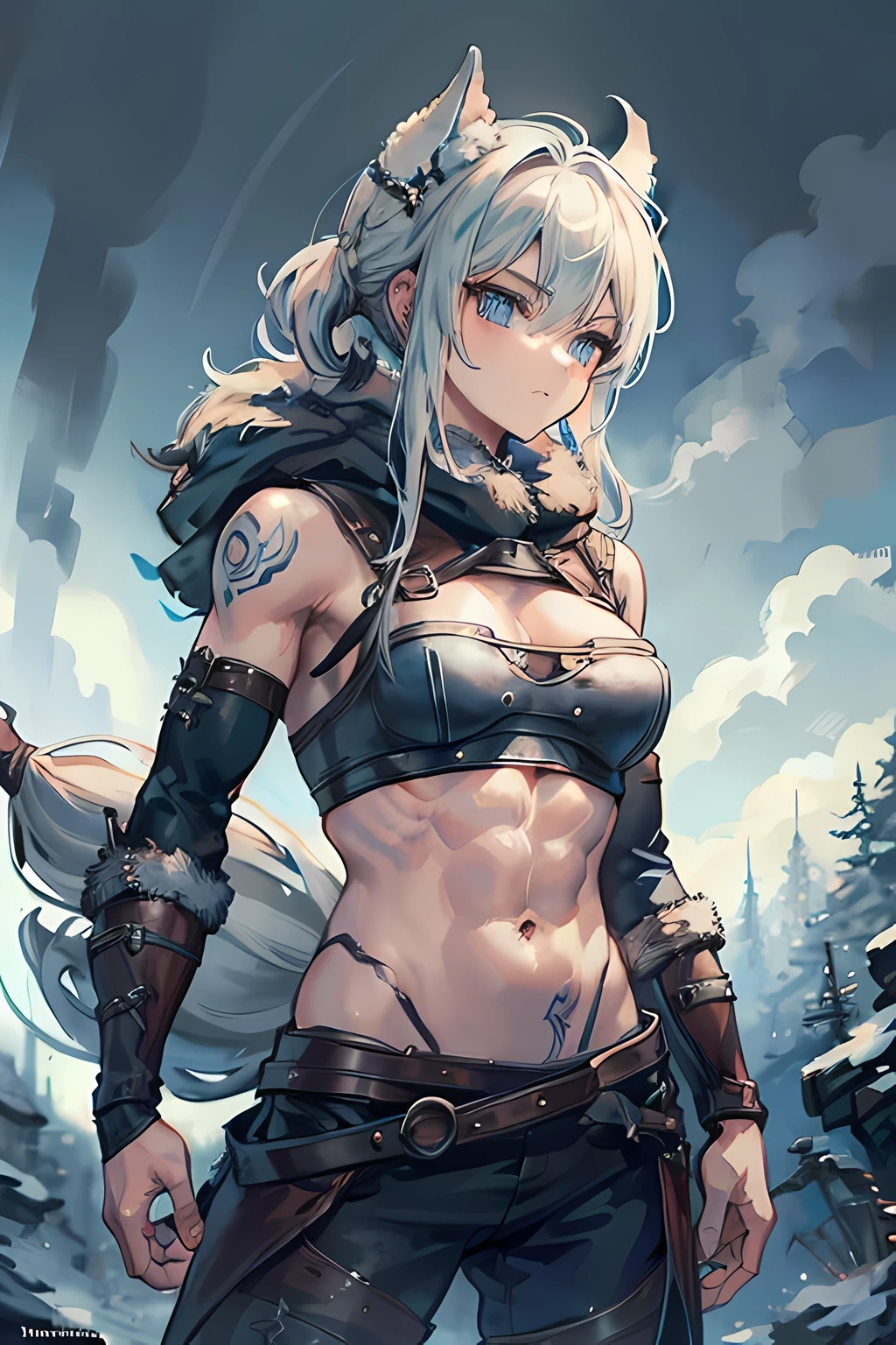 Female viking, muscular, wearing furs and hides, blue norse tattoos, blue eyes, platinum blonde hair. Setting is a Scandinavian forest in winter, bare arms, exposed naval, abs. Ultra quality image with extreme detail. HDR