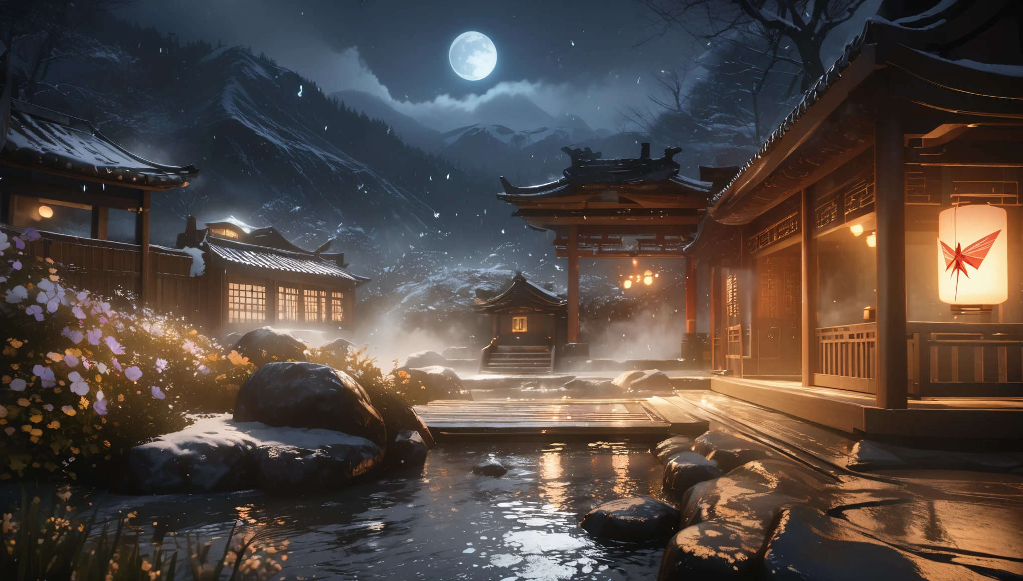 Chinese scenery, ((hot spring)), (blizzard), (firefly), (paper kite), (midnight), (moon), A shrine at the top of the mountain, ((flower)), Beautiful scenery, Realistic lighting, masterpiece, high quality, nice graphics, high detail,